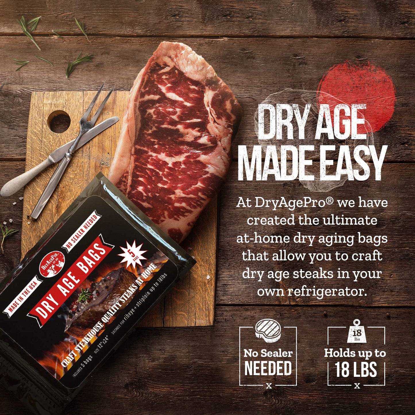 DryAgePro® Dry Age Bags – 12” x 24” Clear Plastic Bags for Ribeye & Striploin, 5 Count, No Vacuum Sealer Needed