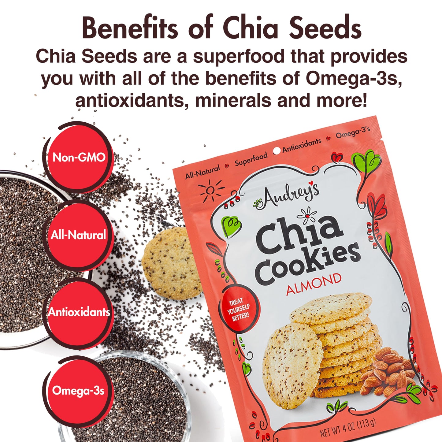 Audreys Chia Cookies - (Almond, 4 Pack), Natural, Antioxidants, Omega-3s, Non-GMO