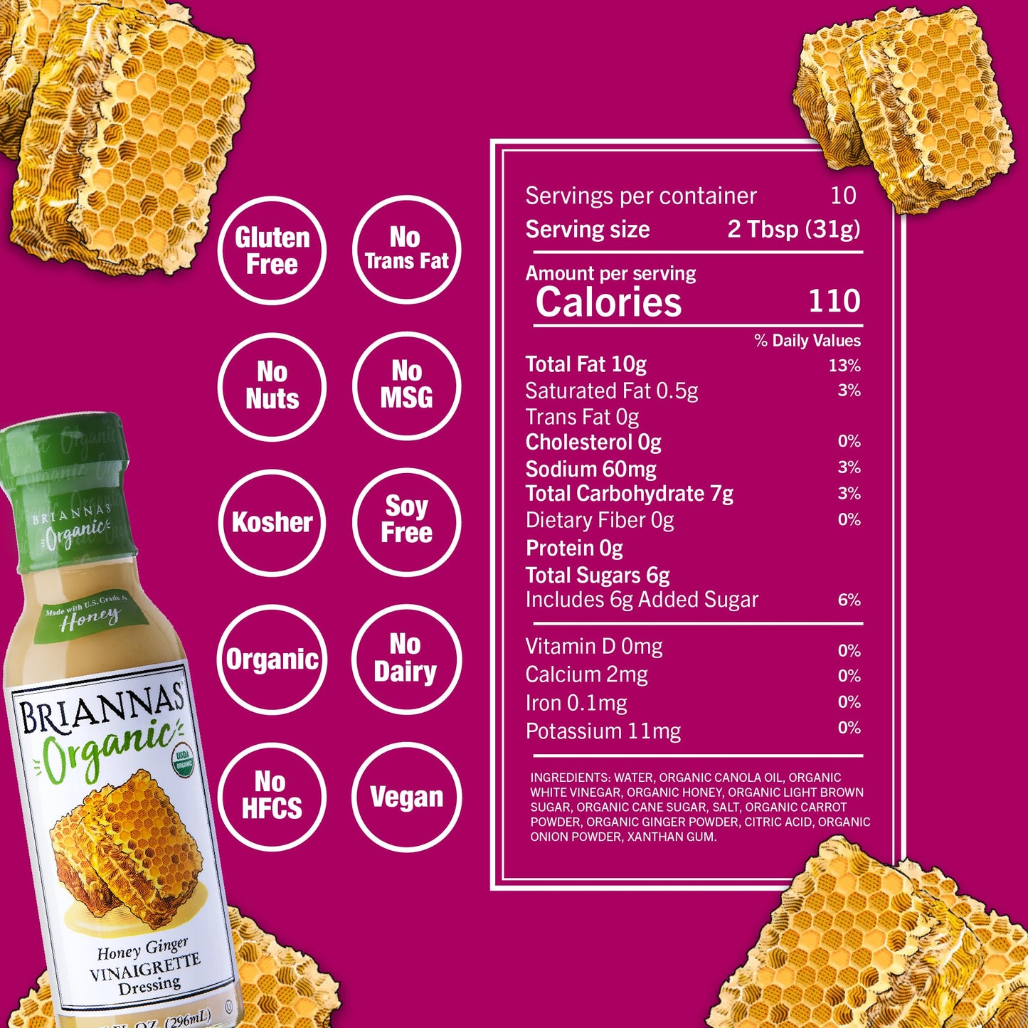 BRIANNAS - Organic Honey Ginger Vinaigrette Dressing - Certified Kosher & Organic Salad Dressing made with enhanced Ingredients - 10 oz. Bottle