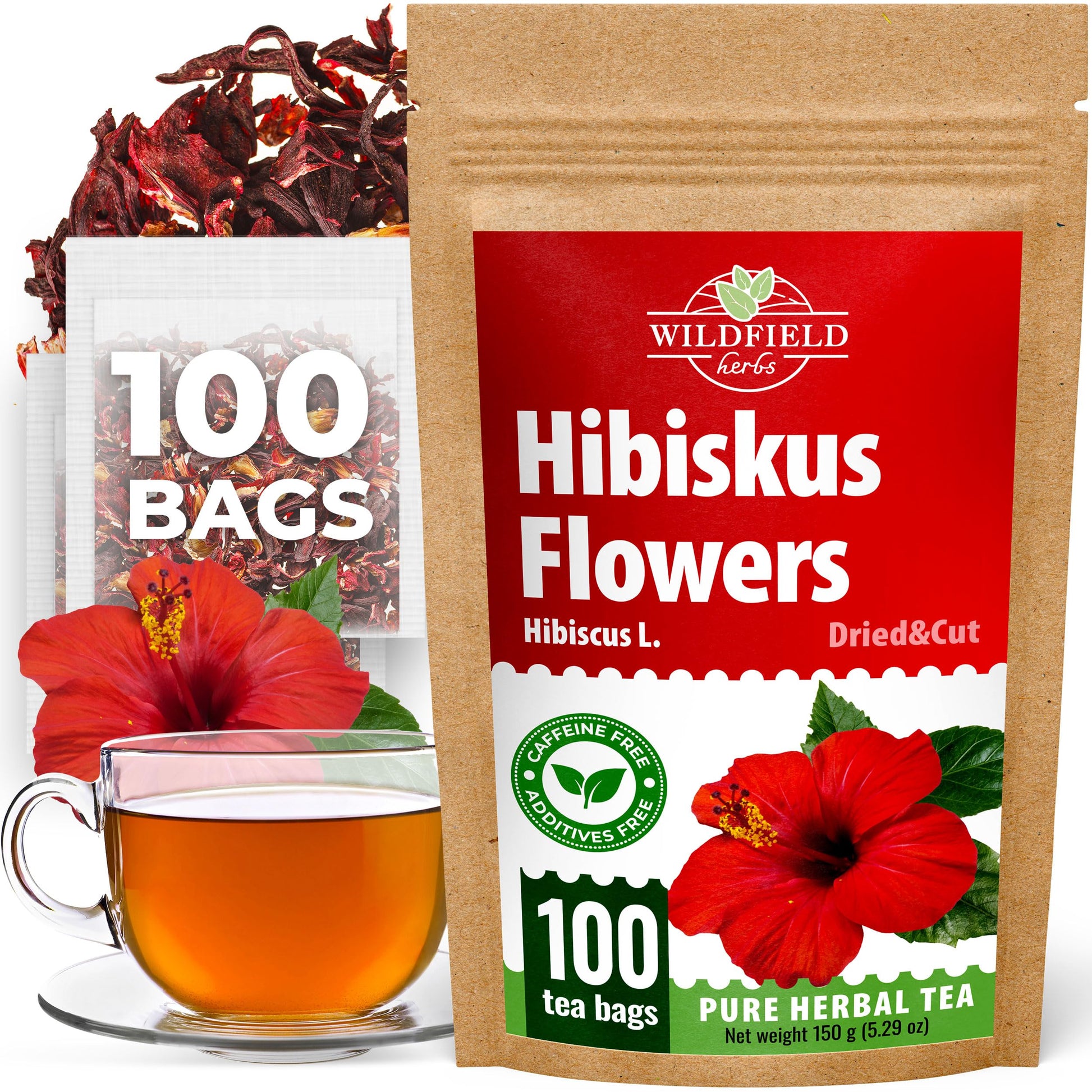 WILDFIELD HERBS Dried Hibiscus Flower Tea - 100 Tea Bags, 1.5g Each, Herbal Flor De Jamaica