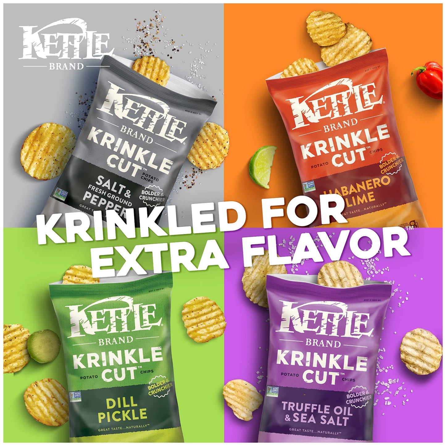Kettle Brand Potato Chips, Krinkle Cut, Dill Pickle Kettle Chips, Snack Bag 2 Oz (Pack of 6)