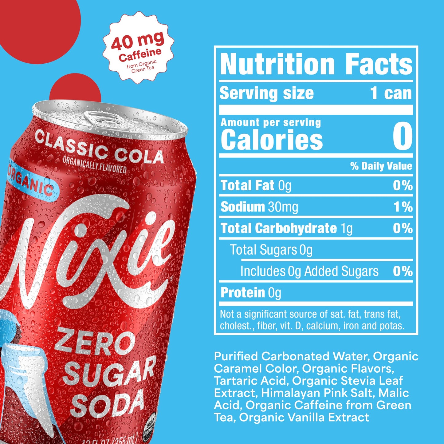 Nixie Organic Zero Sugar Soda, Classic Cola, 0 Calories, 12oz Cans, 12 Pack