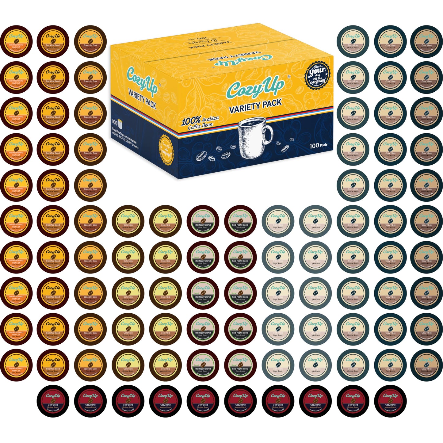 Cozy Up Coffee Pods Compatible with Keurig, 10 Assorted Flavors, 100 Count