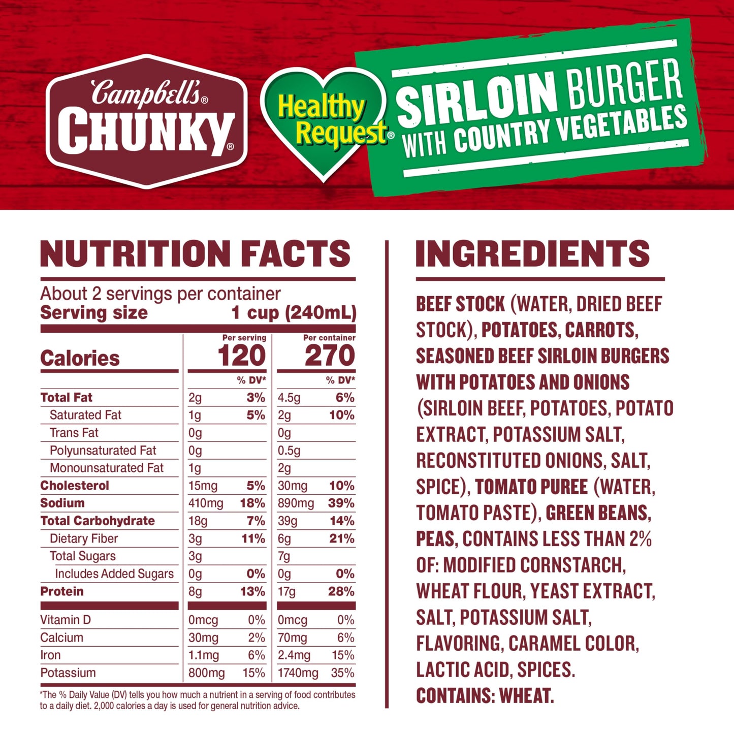 Campbells Chunky Healthy Request Soup, Sirloin Burger with Country Vegetable Beef Soup, 18.8 oz Can (Case of 12)