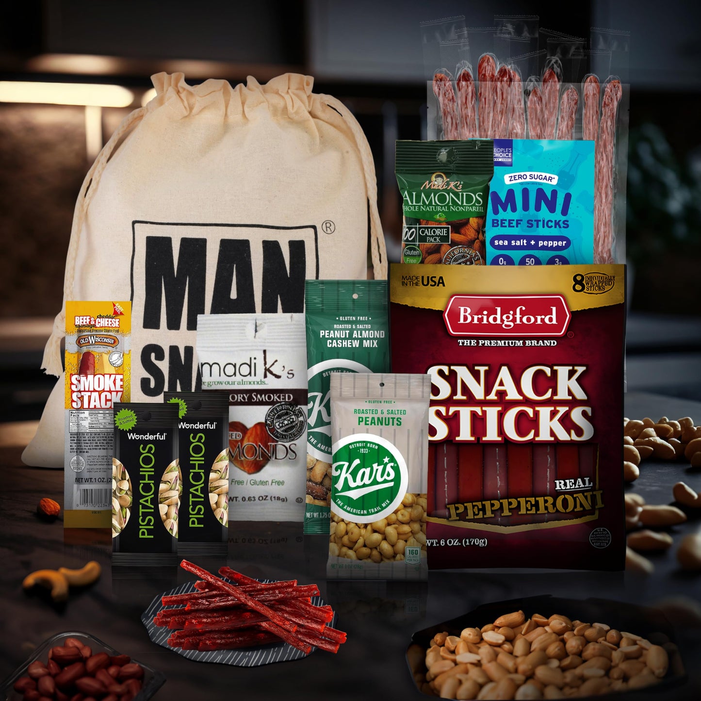 ManSnacks Deluxe Jerky & Nuts Gift Basket - 28 pc Variety of Beef Jerky, Cheese Stick, Nuts in Manly Gift Bag