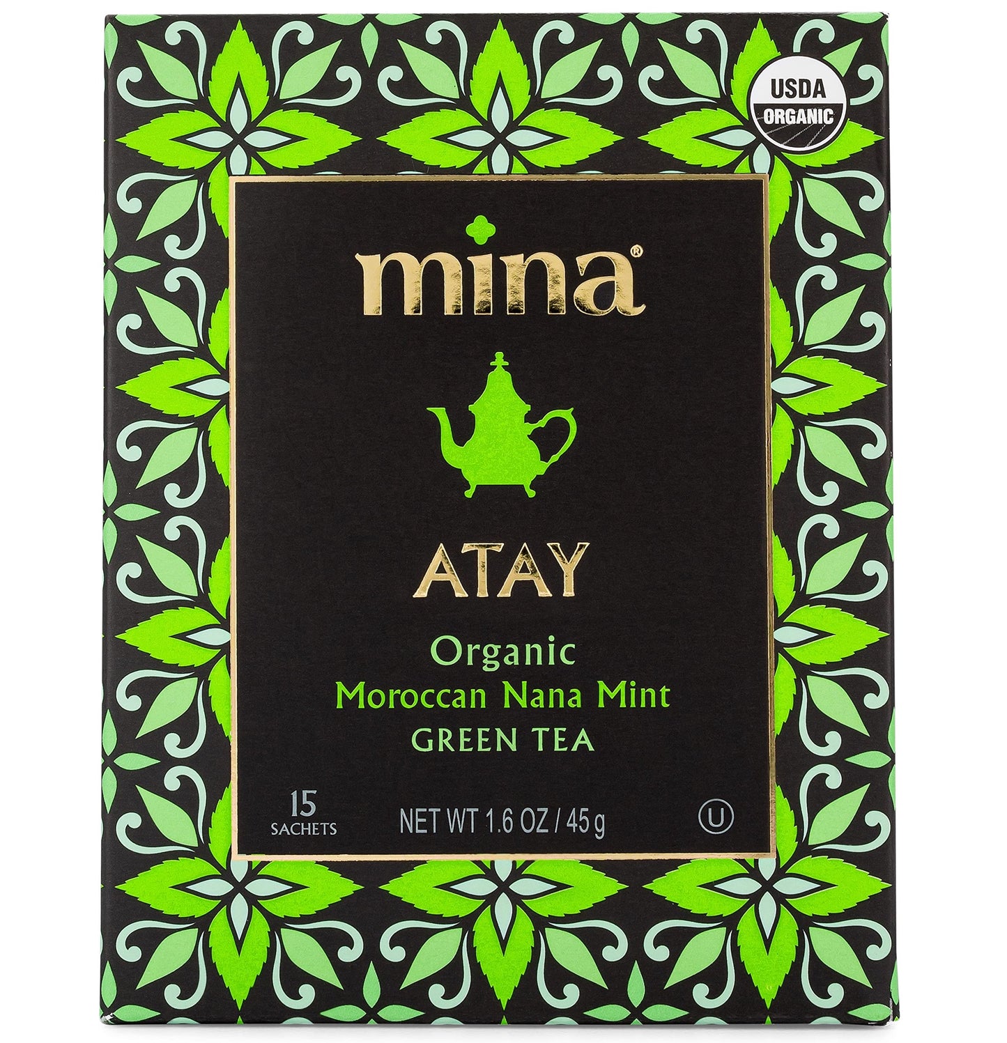 Mina Organic Moroccan Nana Mint Green Tea Bags, 15 Biodegradable Sachets, 6 Pack (90 Count) - Low Caffeine Refreshing Green Tea