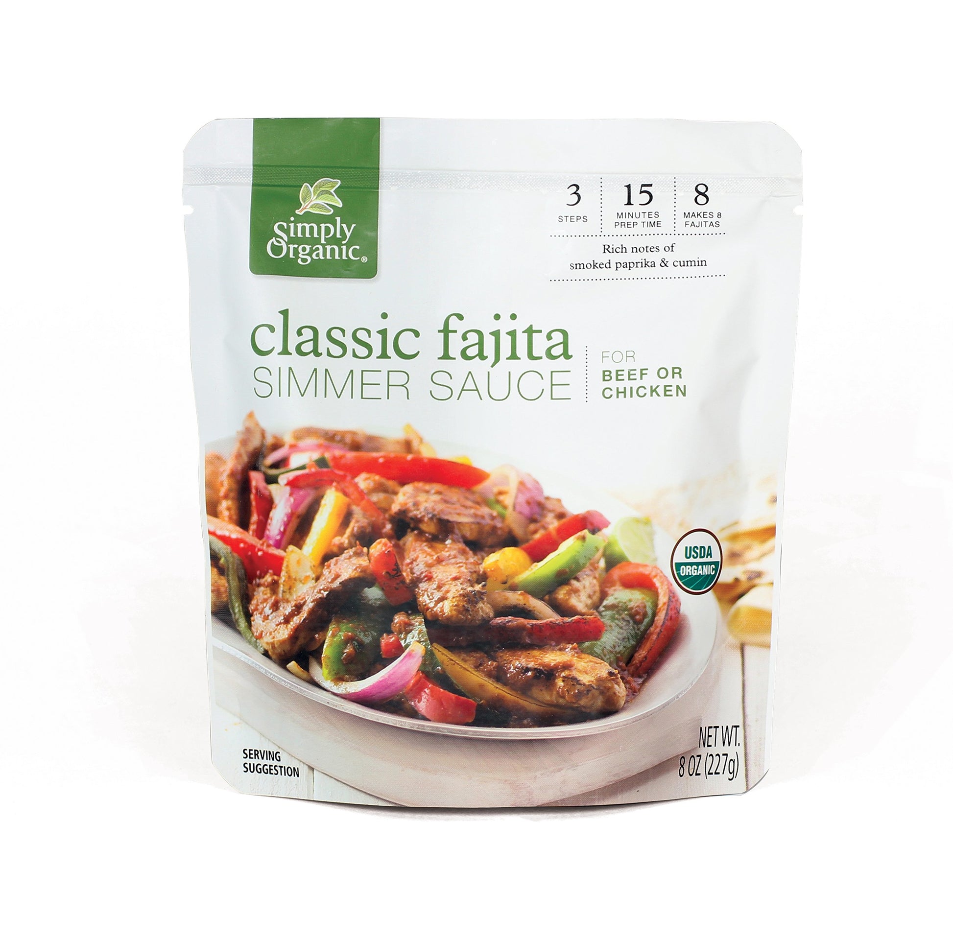 Simply Organic Fajita Simmer Sauce, Smoky Chili Heat, 8 oz Pouch, Pack of 6, Great for Beef or Chicken Tacos