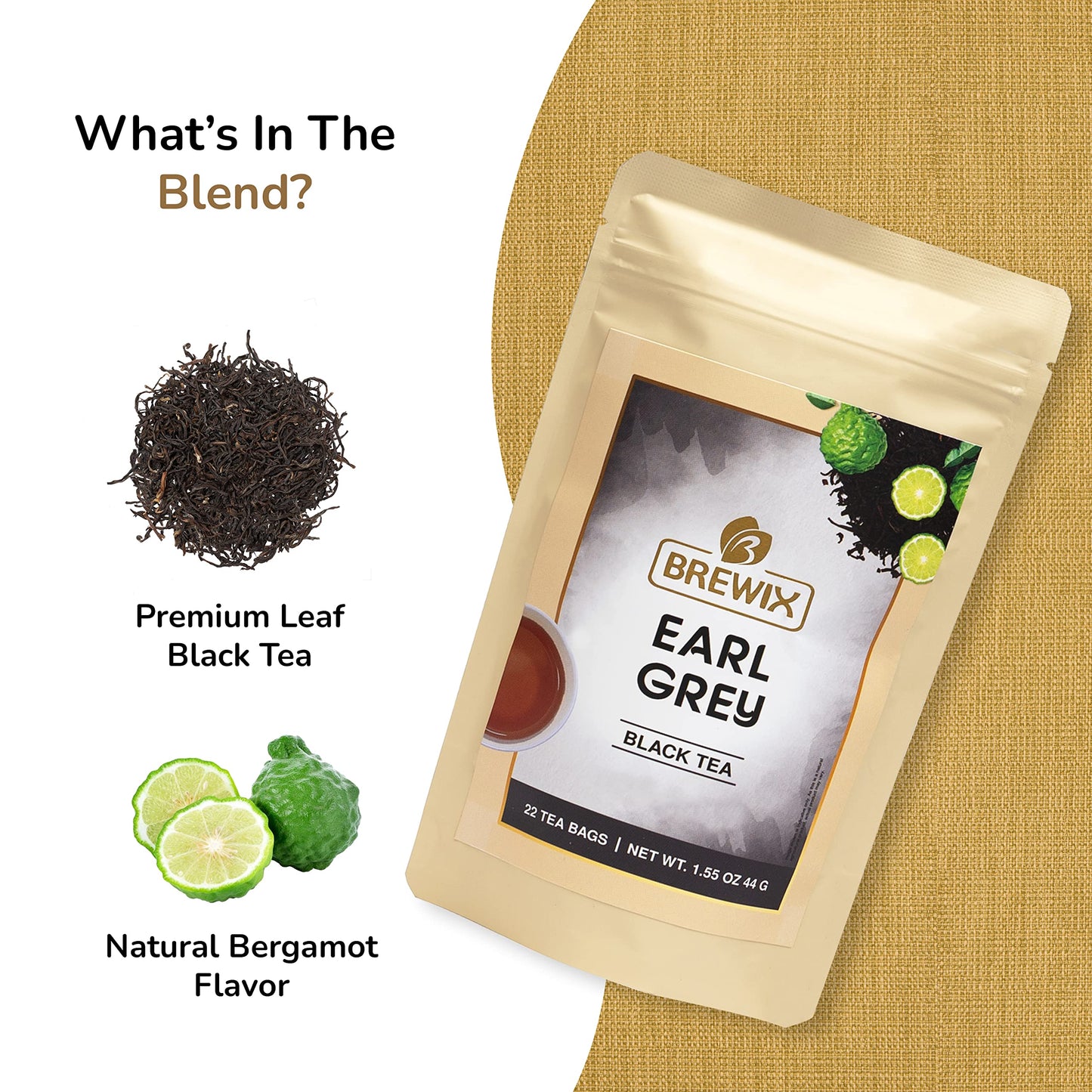 Brewix, Earl Grey Tea Bags (22 Pyramid Tea Bags) Long Leaf Indian Black Tea With Bergamot, Packed In Resealable Ziplock Pouch |