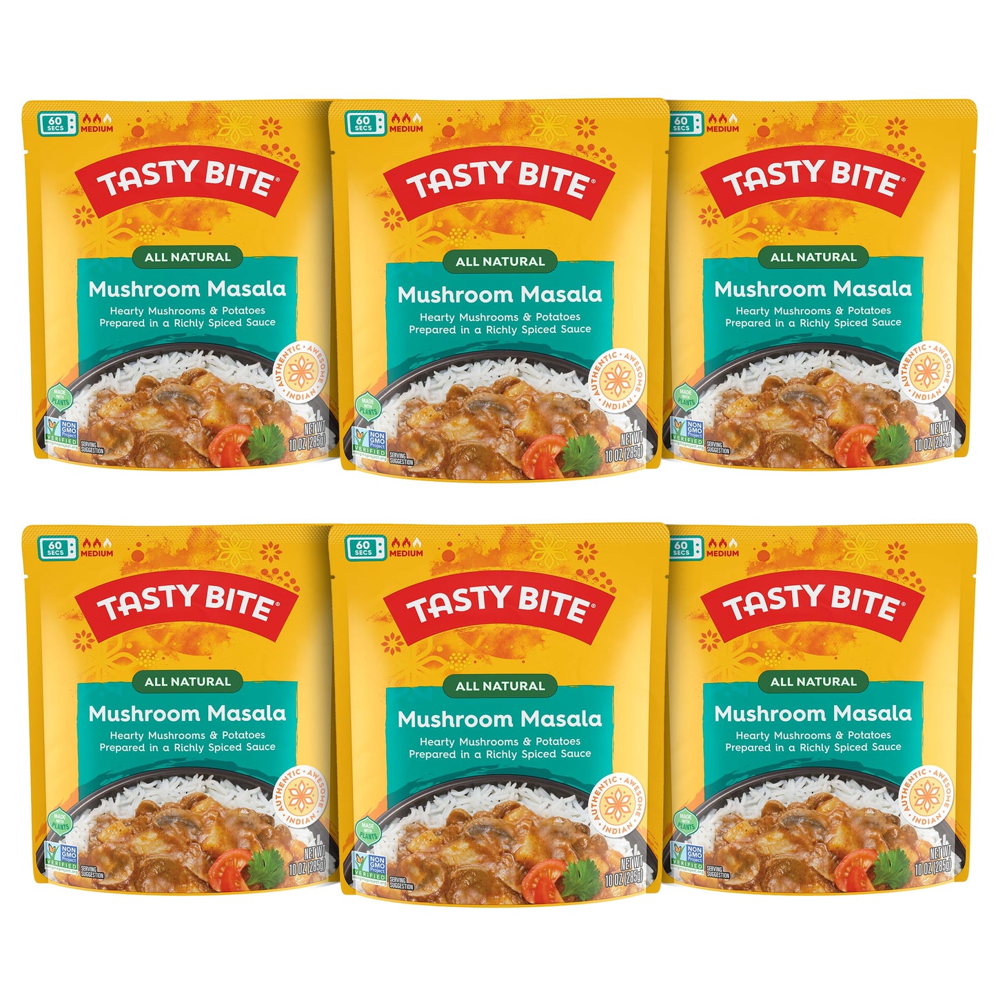 Tasty Bite Mushroom Masala, 10 Ounce, Pack of 6, Ready to Eat, Microwavable Entree, Vegan with Mushrooms & Potatoes