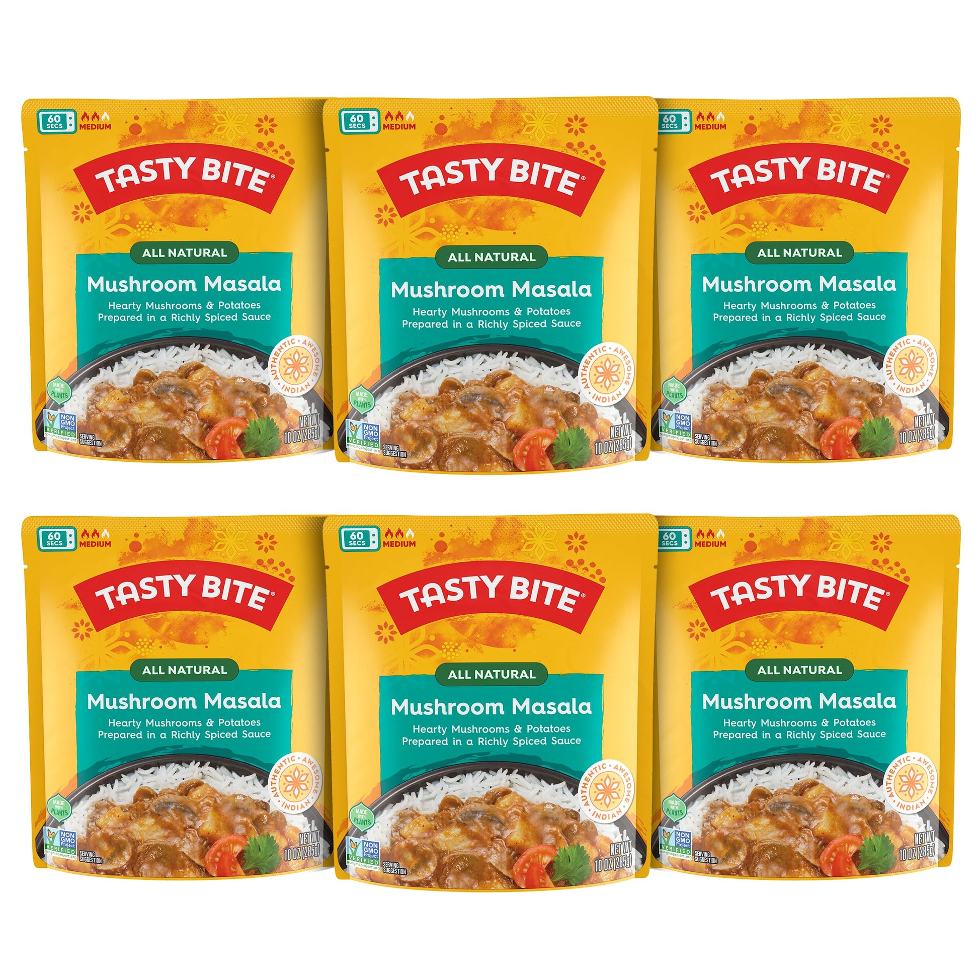 Tasty Bite Mushroom Masala, 10 Ounce, Pack of 6, Ready to Eat, Microwavable Entree, Vegan with Mushrooms & Potatoes