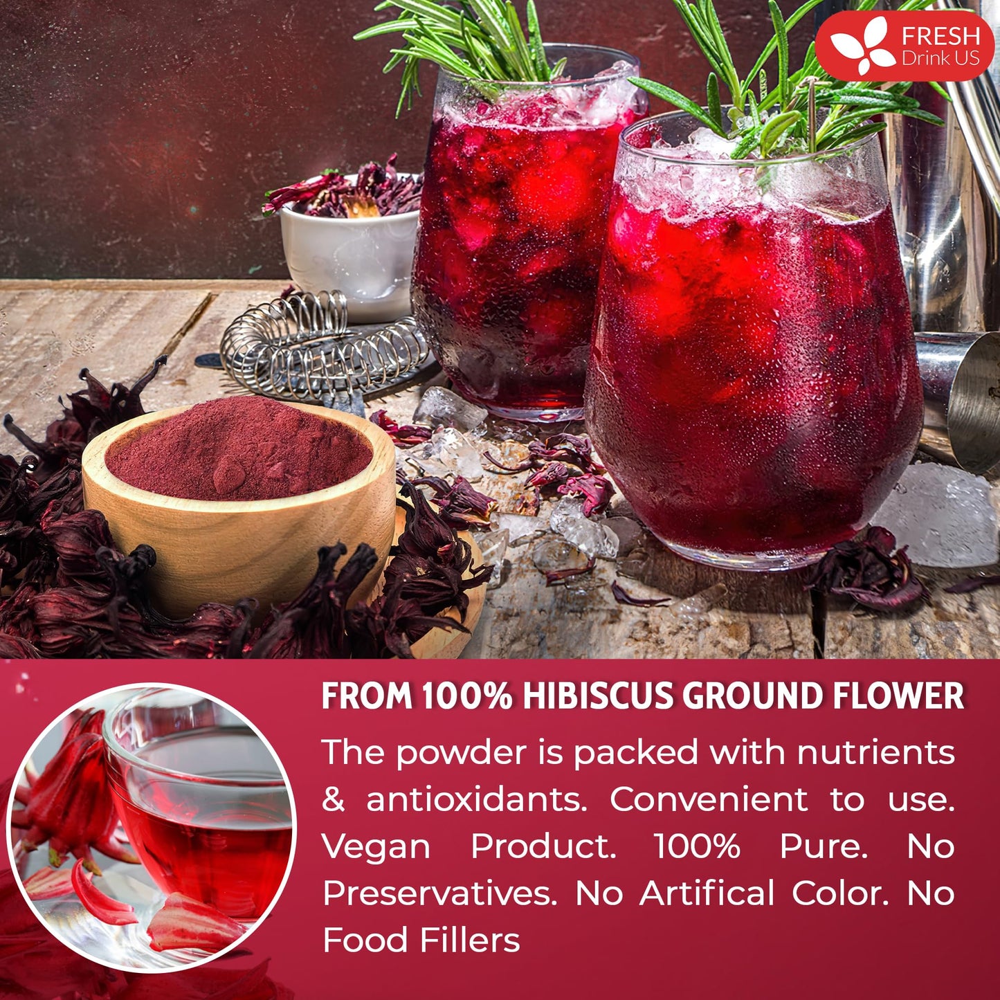 FRESHDRINKUS Natural Hibiscus Flower Powder, 100% Vegan, 40oz - No Additives, Gluten, or Sugar