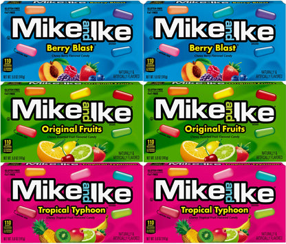 Mike and Ike Pleasure Pack Bundle: (6) 5oz Boxes, (2) Berry Blast, (2) Original Fruits, (2) Tropical Typhoon