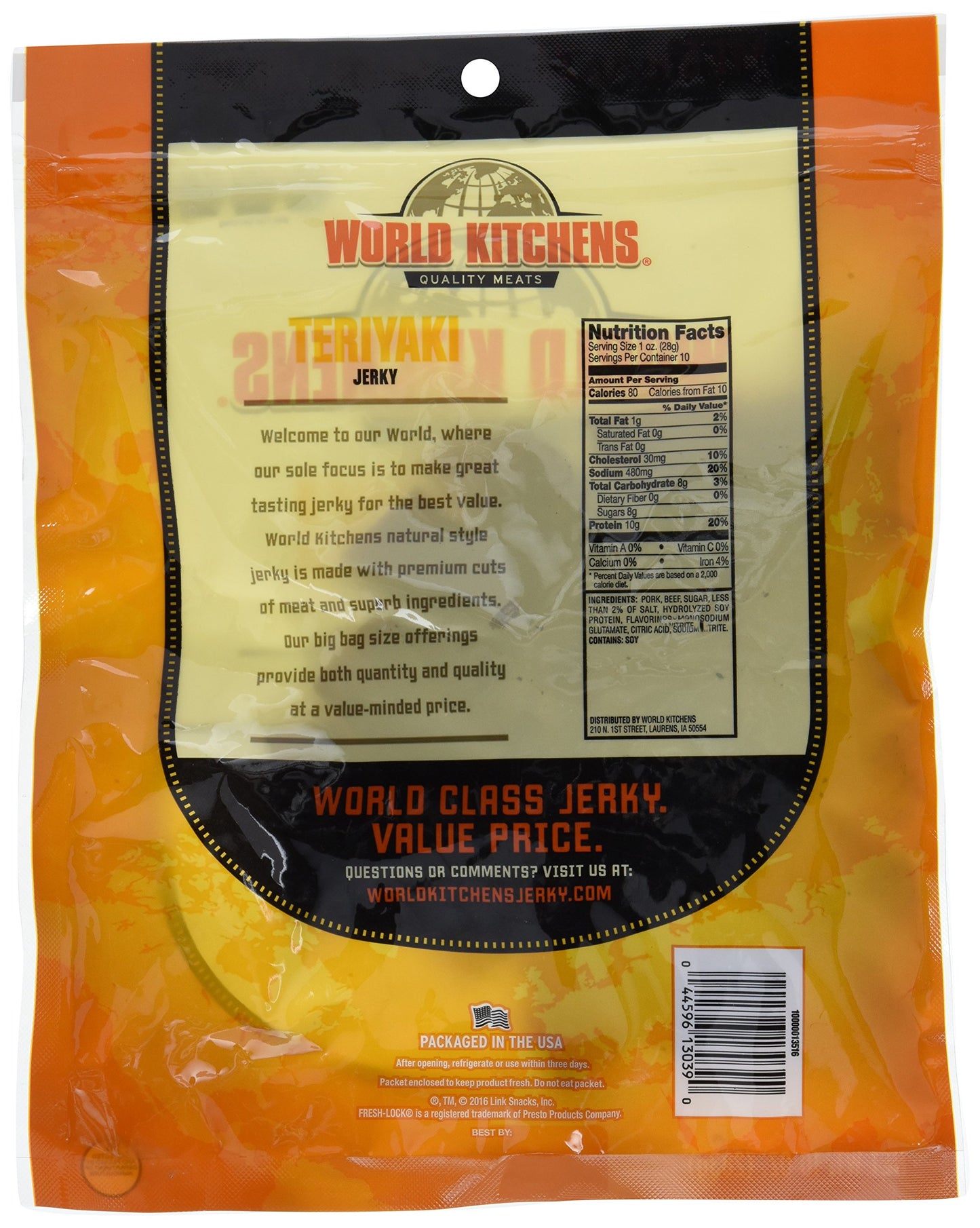 World Kitchens Jerky, Teriyaki Flavor, 10 Ounce, Pack of 1