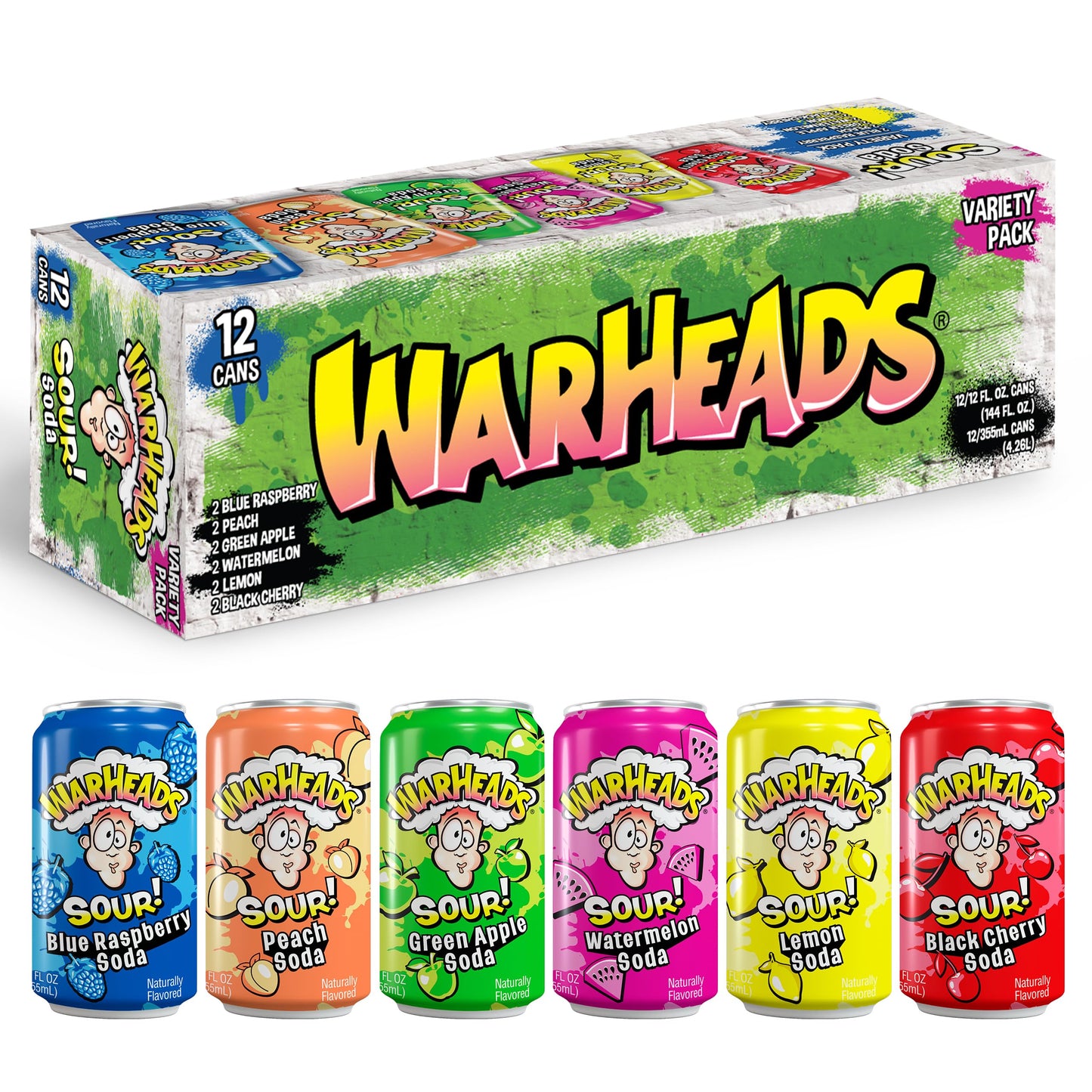 Warheads Sour Fruity Soda Variety Pack – Sweet and Sour Flavors, 12oz Cans, Pack of 12