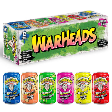 Warheads Sour Fruity Soda Variety Pack – Sweet and Sour Flavors, 12oz Cans, Pack of 12