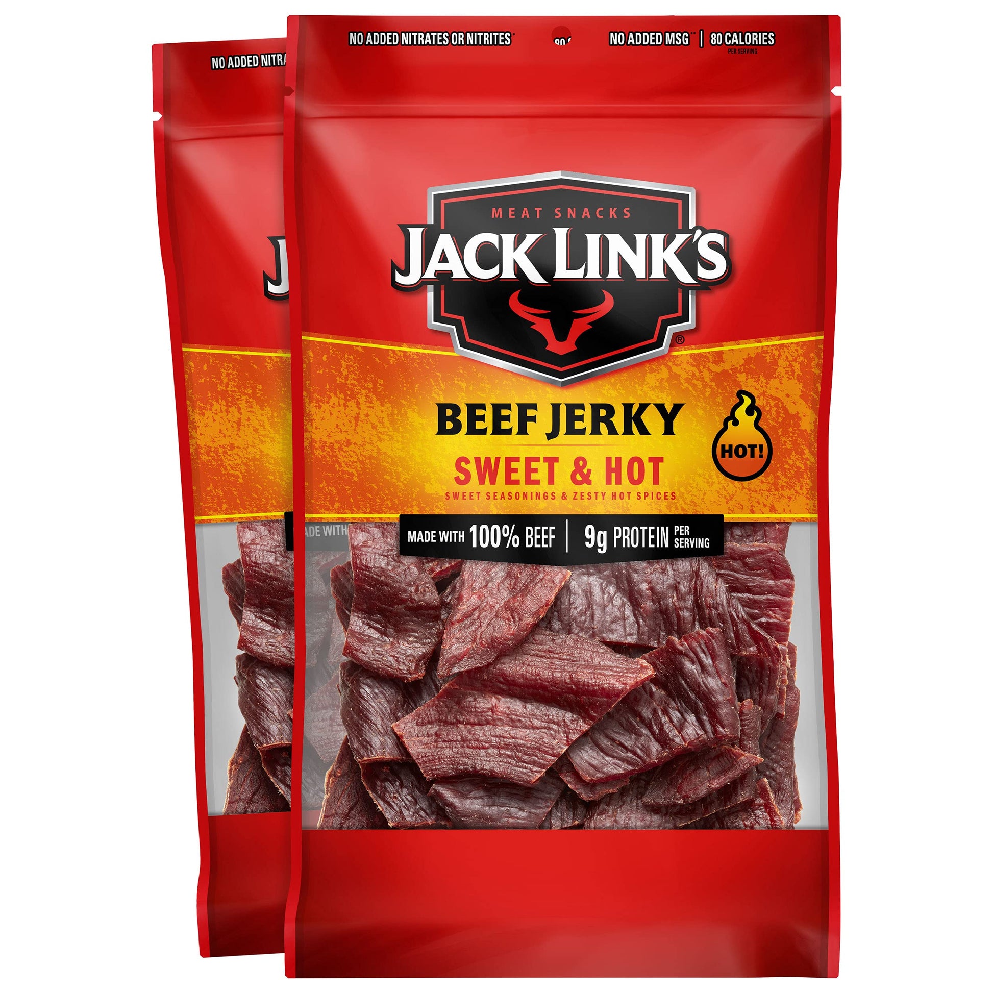 Jack Links Beef Jerky, Sweet & Hot, 9g Protein, 80 Calories, 9 Oz. (Pack of 2)