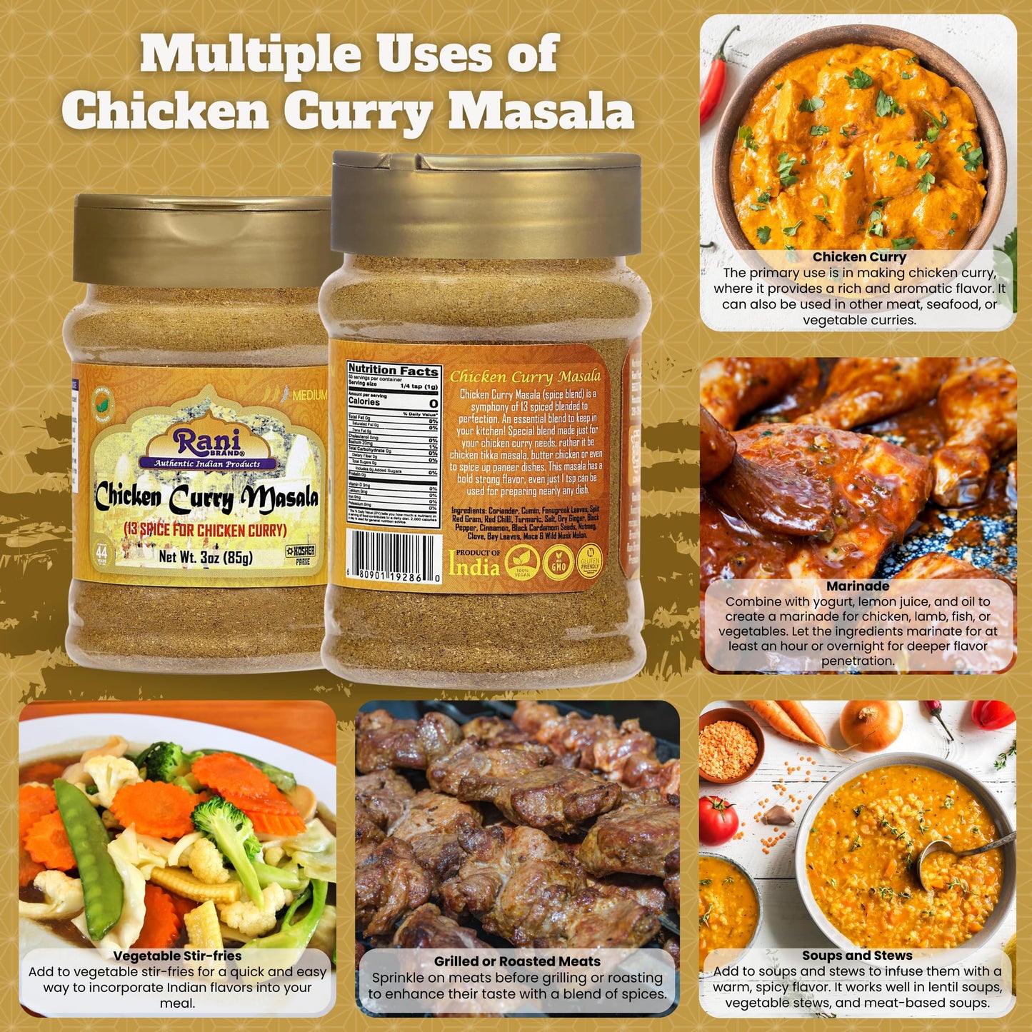 Rani Chicken Curry Masala 13-Spice Blend, All Natural, Vegan, 3oz (85g) PET Jar