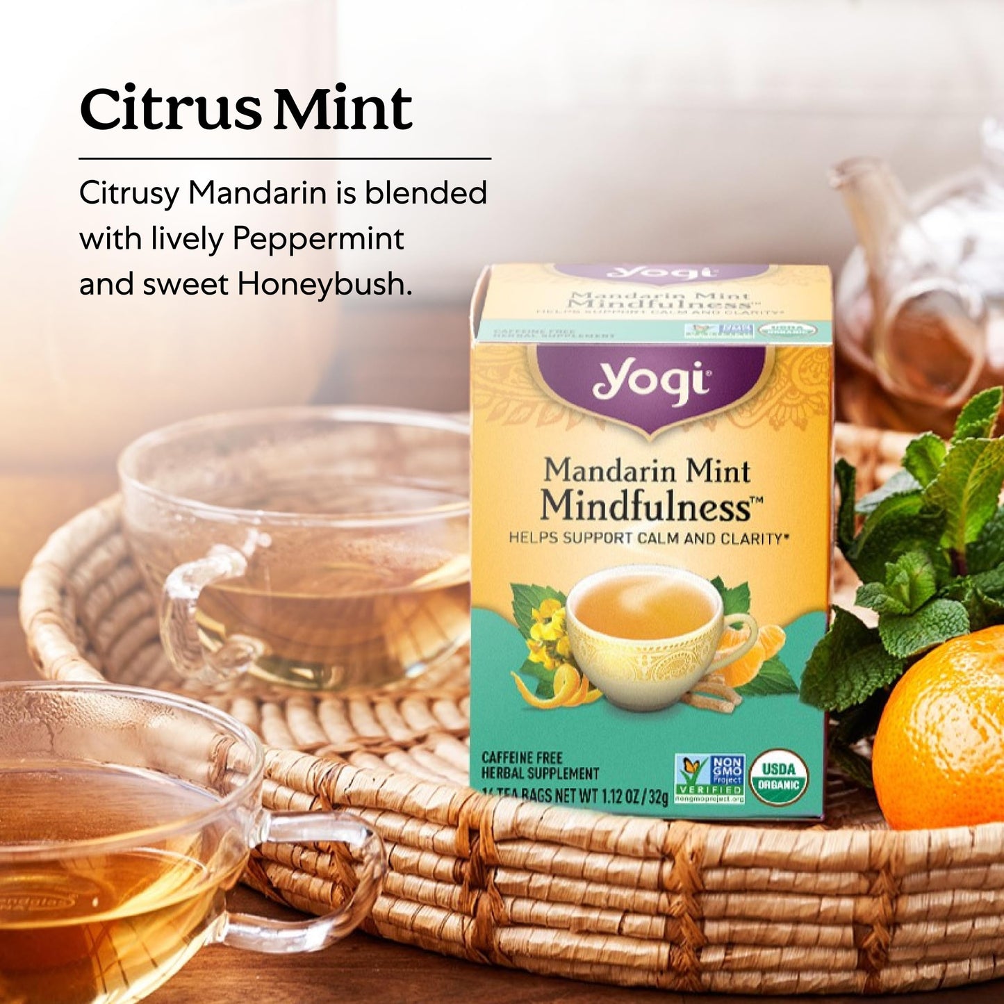 Yogi Tea Mandarin Mint - Organic Herbal Tea with Ashwagandha & Reishi - 16 Bags per Pack (6 Pack)