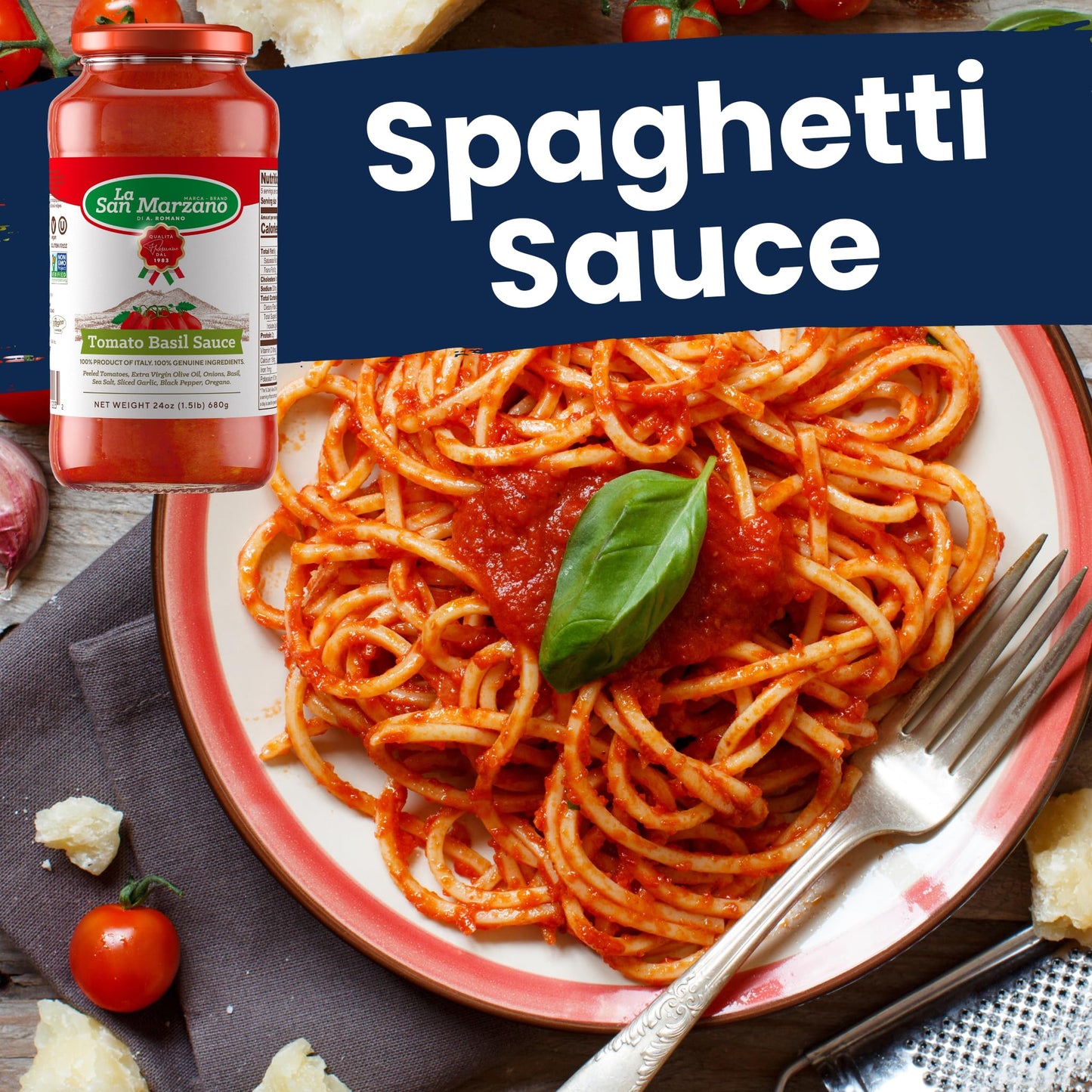 La San Marzano Tomato Basil Sauce, 24 Oz, Pasta Sauce Made In Italy, All Purpose Tomato Enhanced Quality, All Natural, Mediterranean Diet, Non Gmo, Vegan, Gluten Free