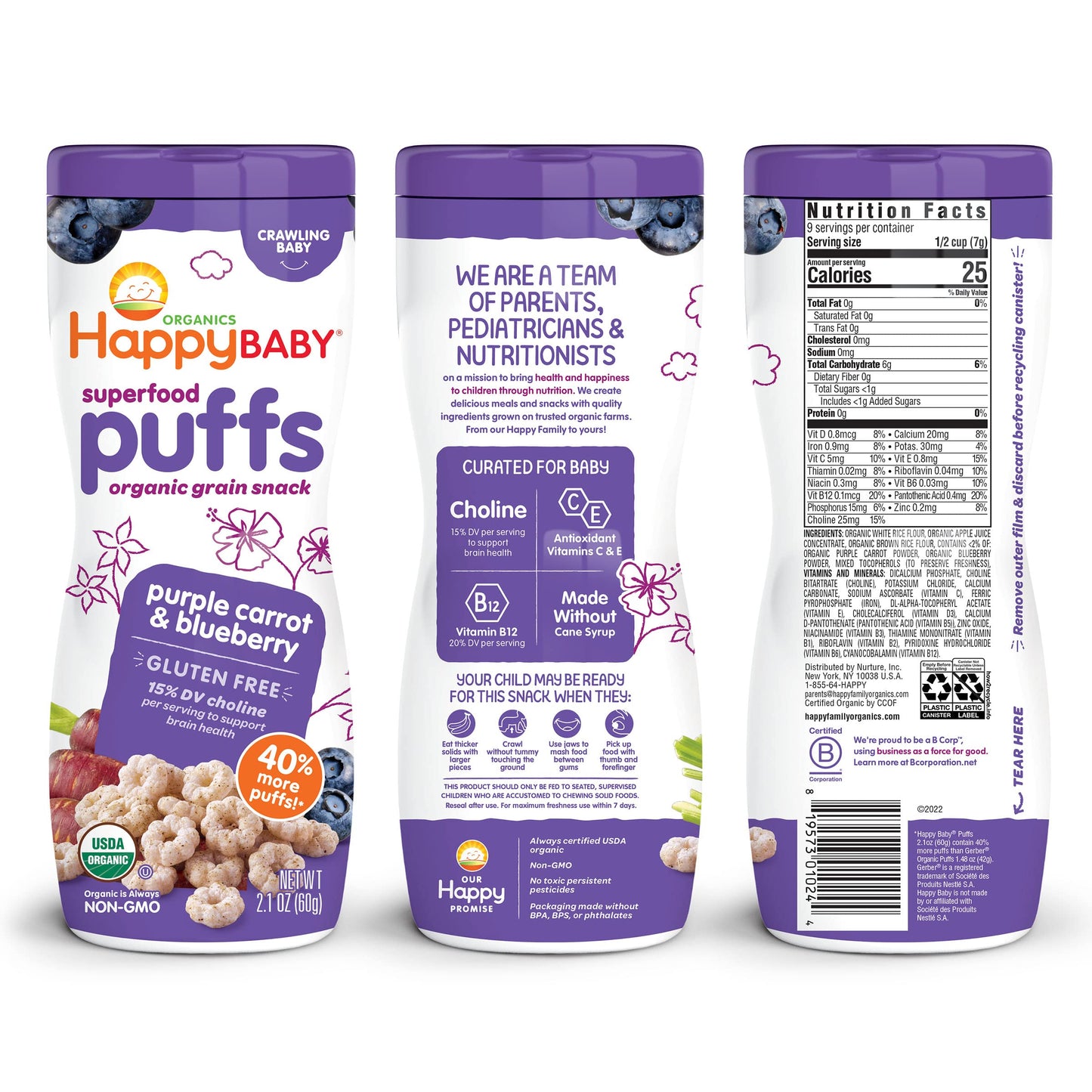 Happy Baby Organic Superfood Puffs Purple Carrot & Blueberry, 2.1 Ounce Canister Organic Baby Or Toddler Snacks, Crunchy Fruit &