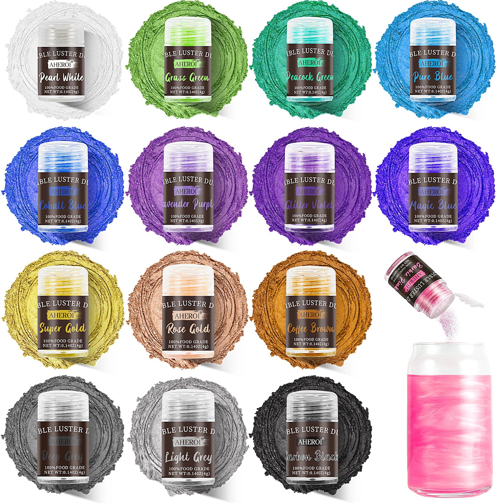 Aheroi Edible Glitter Set, 15 Colors Luster Dust, Shimmering Powder for Cakes, Cookies, 4g/0.14oz, Multicolor-Style2