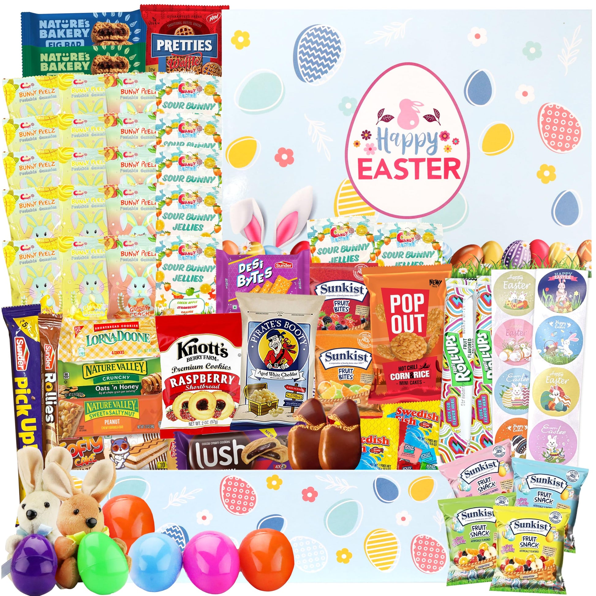 Easter Snack Box (72 Count) Filled with Candy, Peelable Gummies, Treats, Bunny and More, Great Package for Family, Friends, Kids