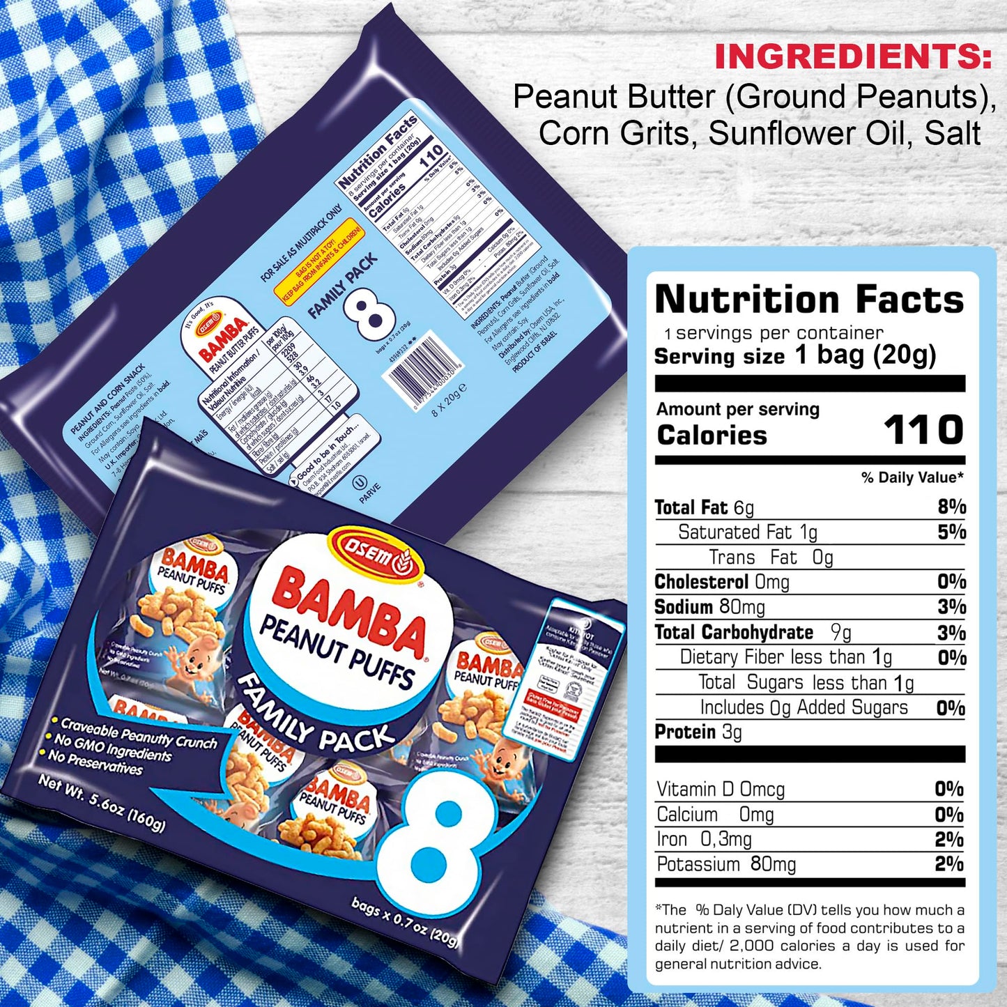 Osem Bamba Peanut Snacks for the Family - All Natural Peanut Puffs (Pack of 8) 0.7oz bags - Only 4 Ingredients - Peanut Butter P