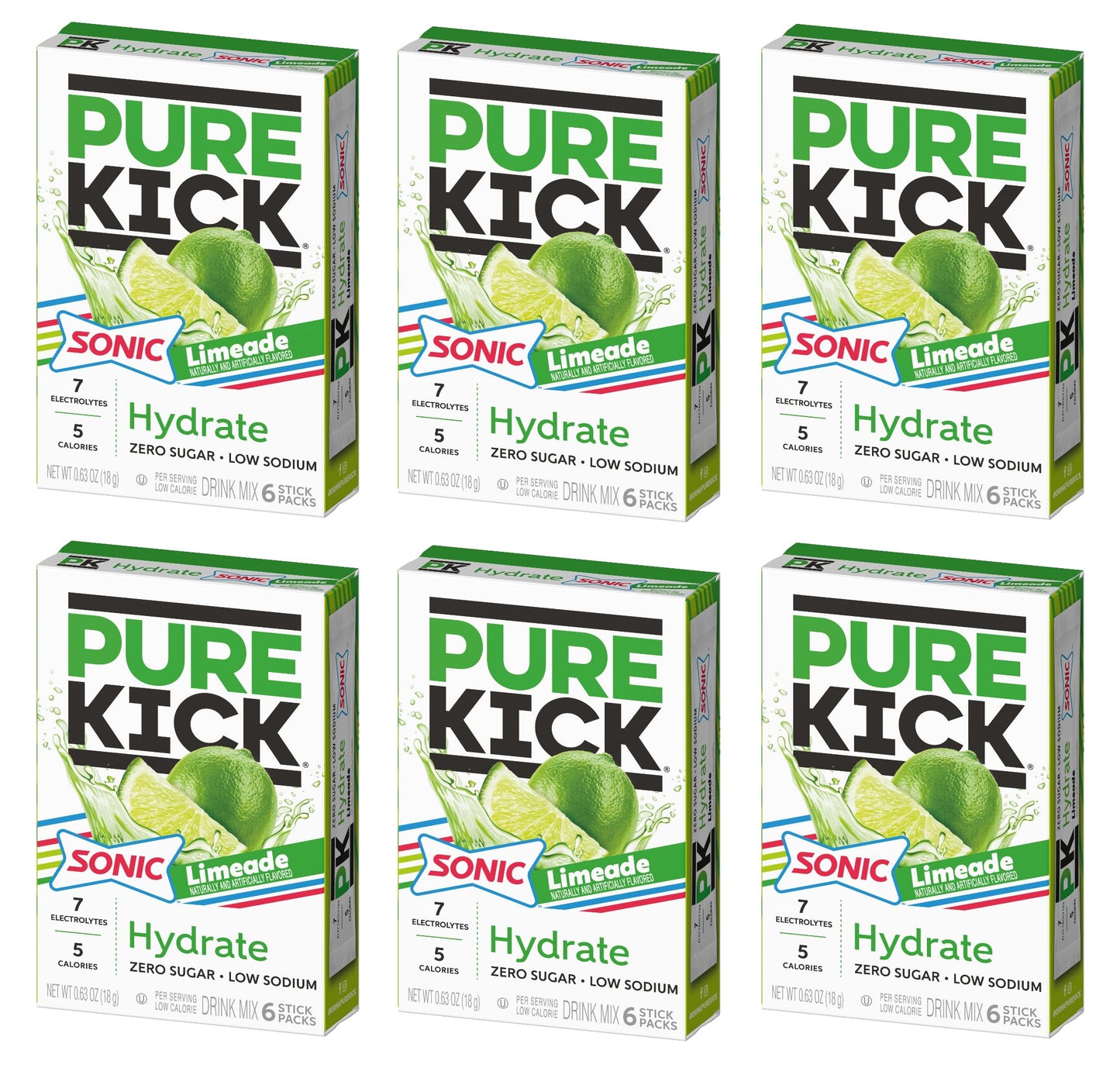 PURE KICK Sonic Limeade Powdered Drink Mix - Low Calorie, Zero Sugar - Pack of 6 (0.63 oz each) - Refreshing Anytime Drink