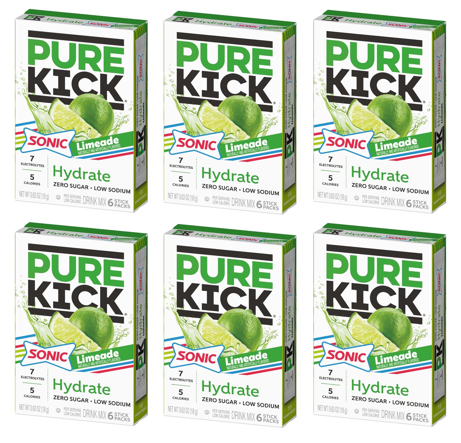 PURE KICK Sonic Limeade Powdered Drink Mix - Low Calorie, Zero Sugar - Pack of 6 (0.63 oz each) - Refreshing Anytime Drink