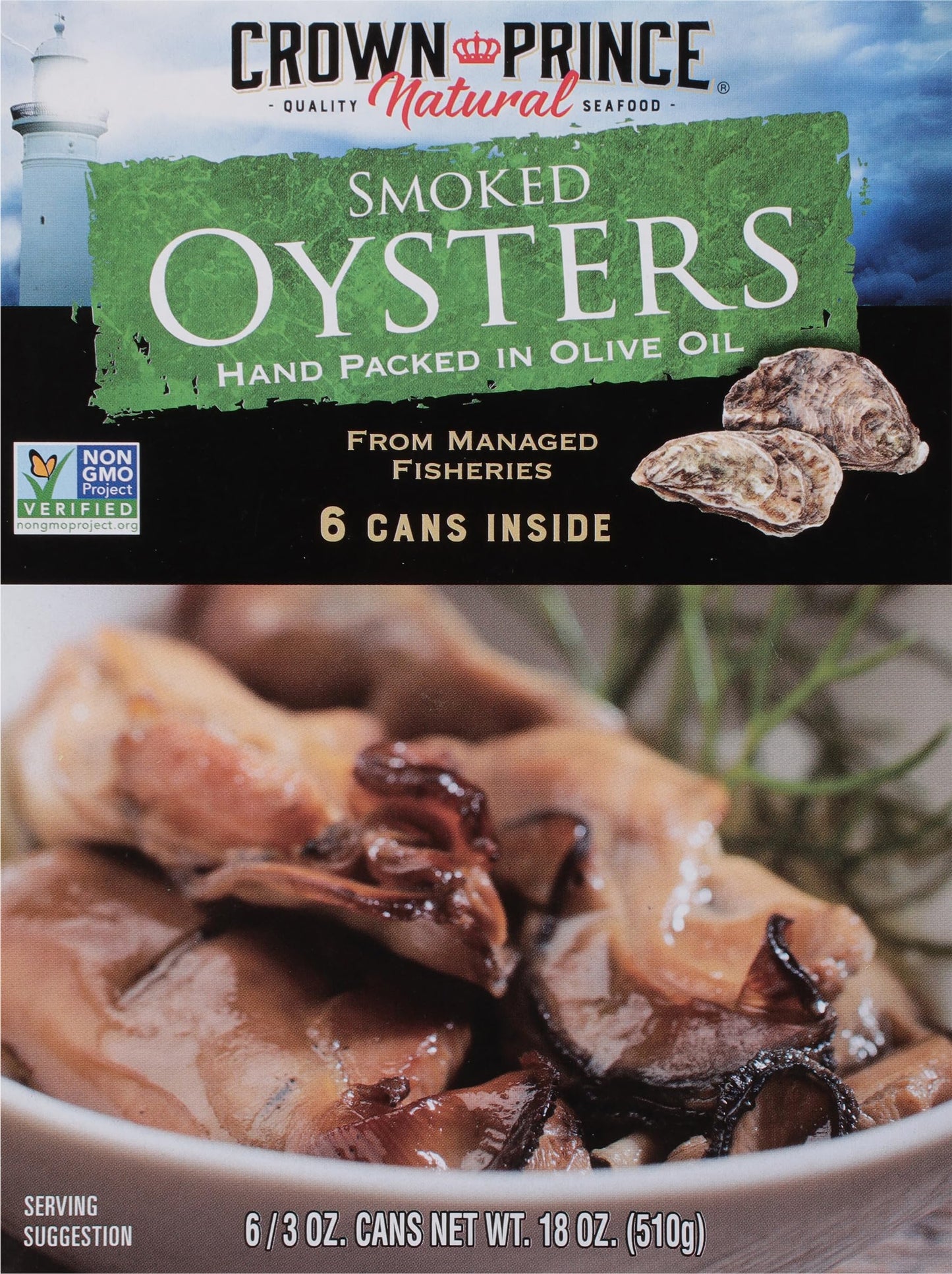Crown Prince Smoked Oysters in Olive Oil, 3 Ounce Cans, Pack of 6