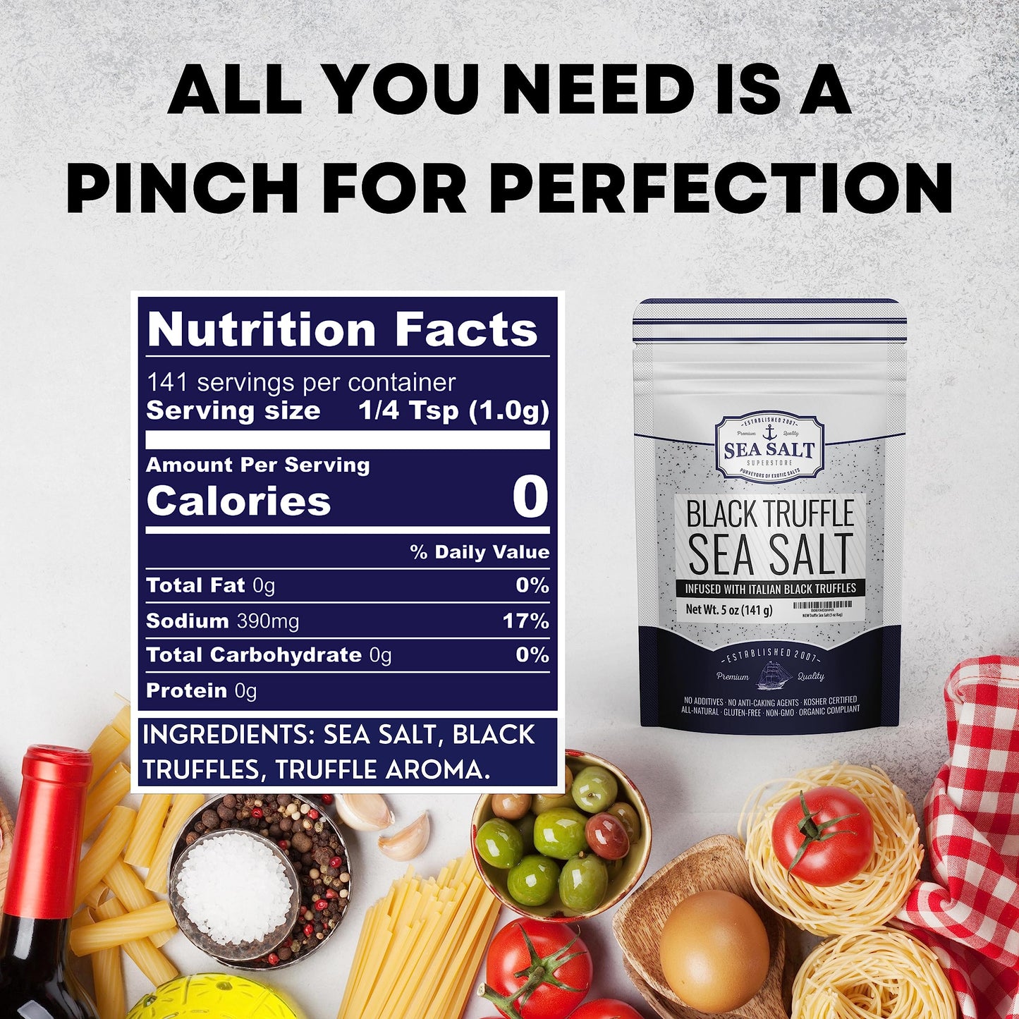 Italian Black Truffle Sea Salt, Natural Black For Soups And Sauces, Smooth & Rich Truffle Infused Gourmet Salt, 5 Oz Bag, Caravel Gourmet