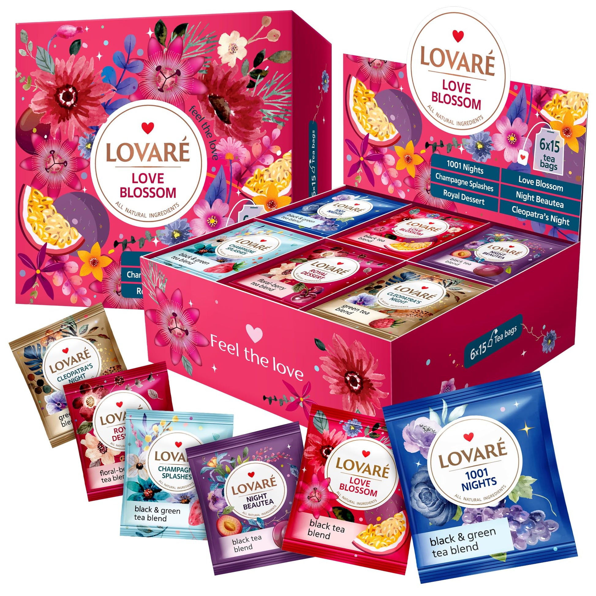 Tea Set By Lovare Made In Ukraine - Assorted Flavors: Love Blossom, Night Beautea, Cleopatra’S Night, Royal Dessert, 1001 Nights, Sparkling Splashes - Fancy Variety Of Packets - Gift Box For Flavored Tea Lovers Men & Women (90 Count (Love Blossom)