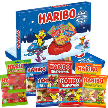 Haribo Christmas Candy Gift, Holiday Gummy Candy For Kids, Selection Box With Fun Activities, Includes Starmix, Super Mix And Mo