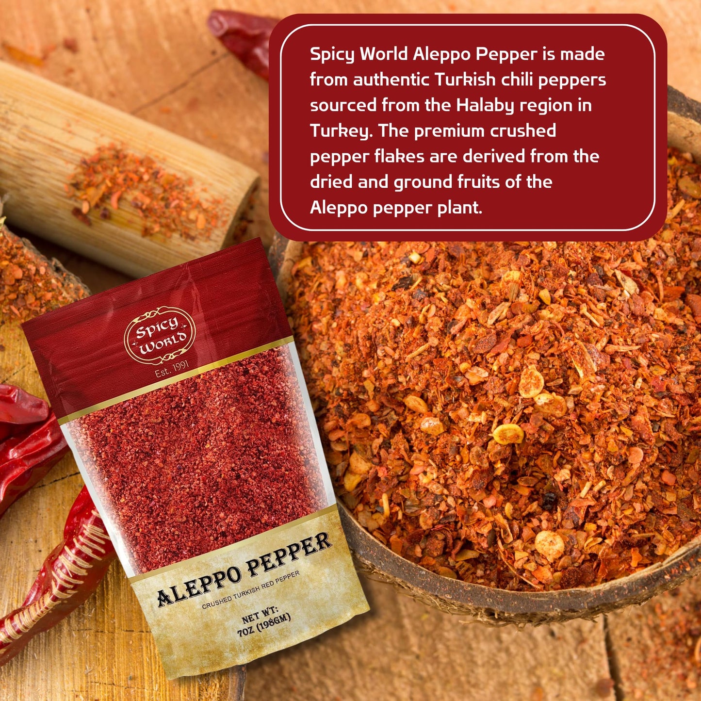 Spicy World Aleppo Pepper Flakes 7 Oz | Authentic Turkish Chili Spice For Exquisite Heat & Flavor | Premium Crushed Chili Pepper From Halaby Region | Popular In Turkish & Middle Eastern Cooking