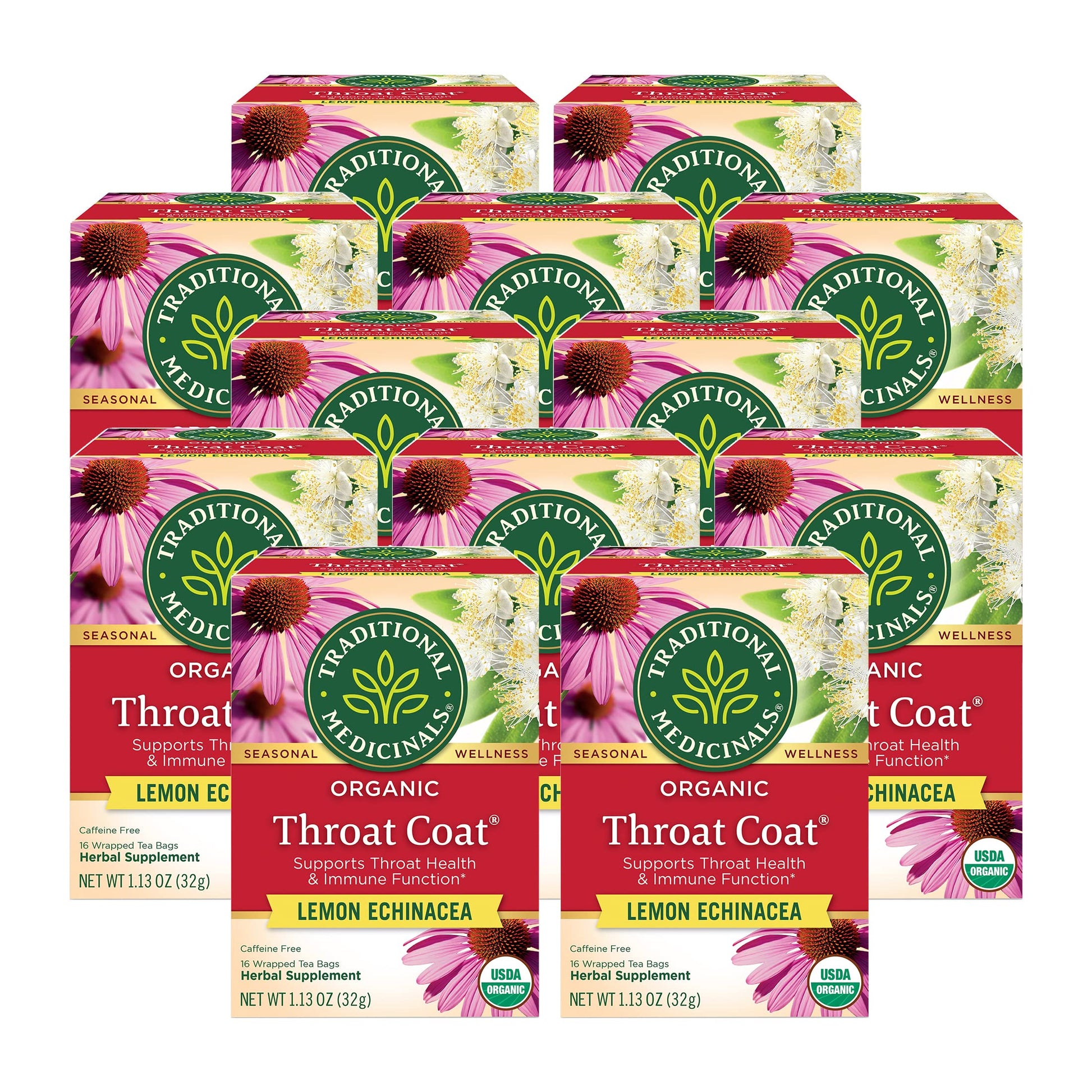 Traditional Medicinals Organic Throat Coat Lemon Echinacea Herbal Tea, Supports Throat Health, (Pack Of 12) - 192 Tea Bags Total
