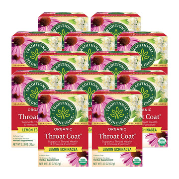 Traditional Medicinals Organic Throat Coat Lemon Echinacea Herbal Tea, Supports Throat Health, (Pack Of 12) - 192 Tea Bags Total