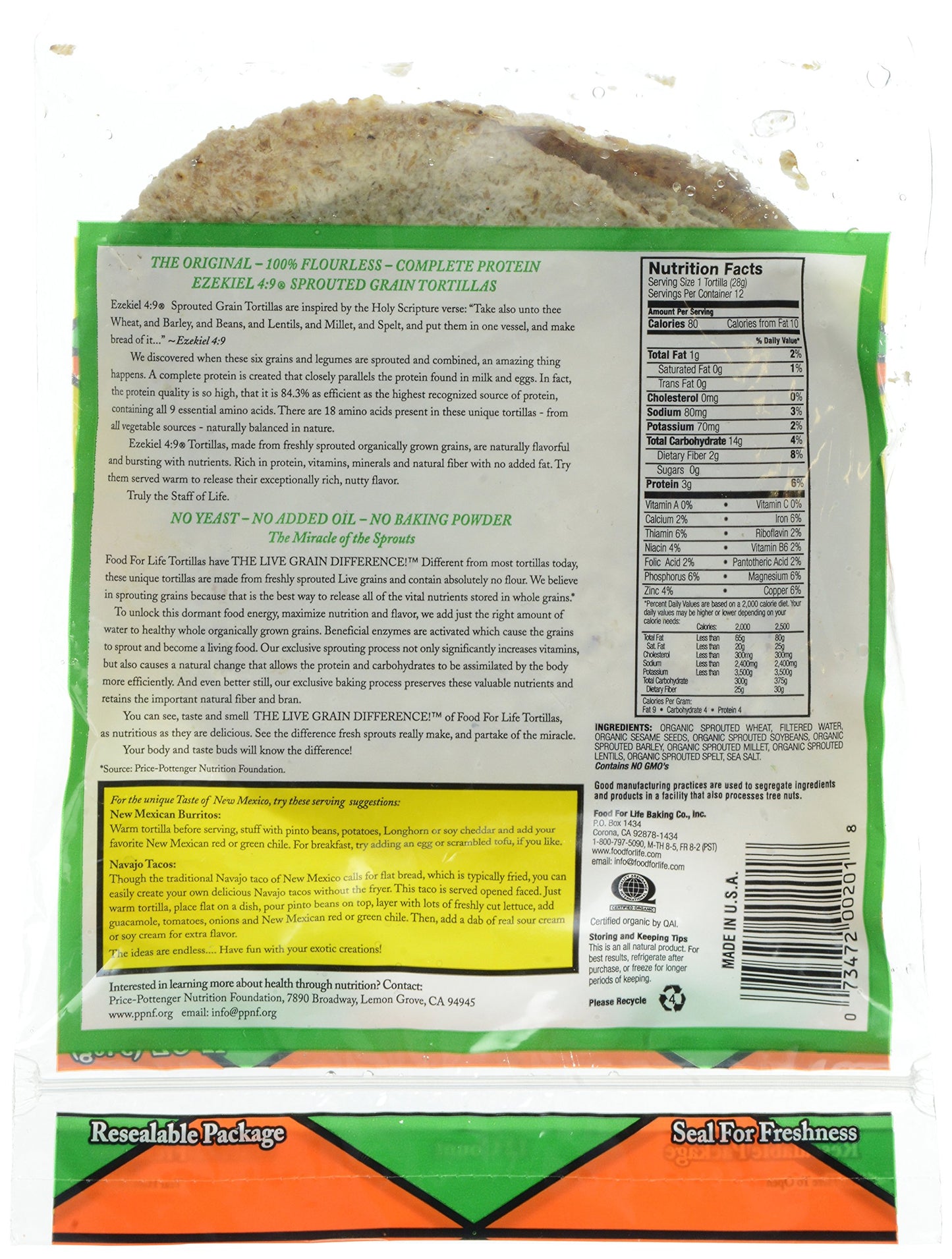 Food For Life, Organic Ezekiel 6 inch Sprouted Grain Tortillas,1 pack of 12 Tortillas,12 oz (Frozen)