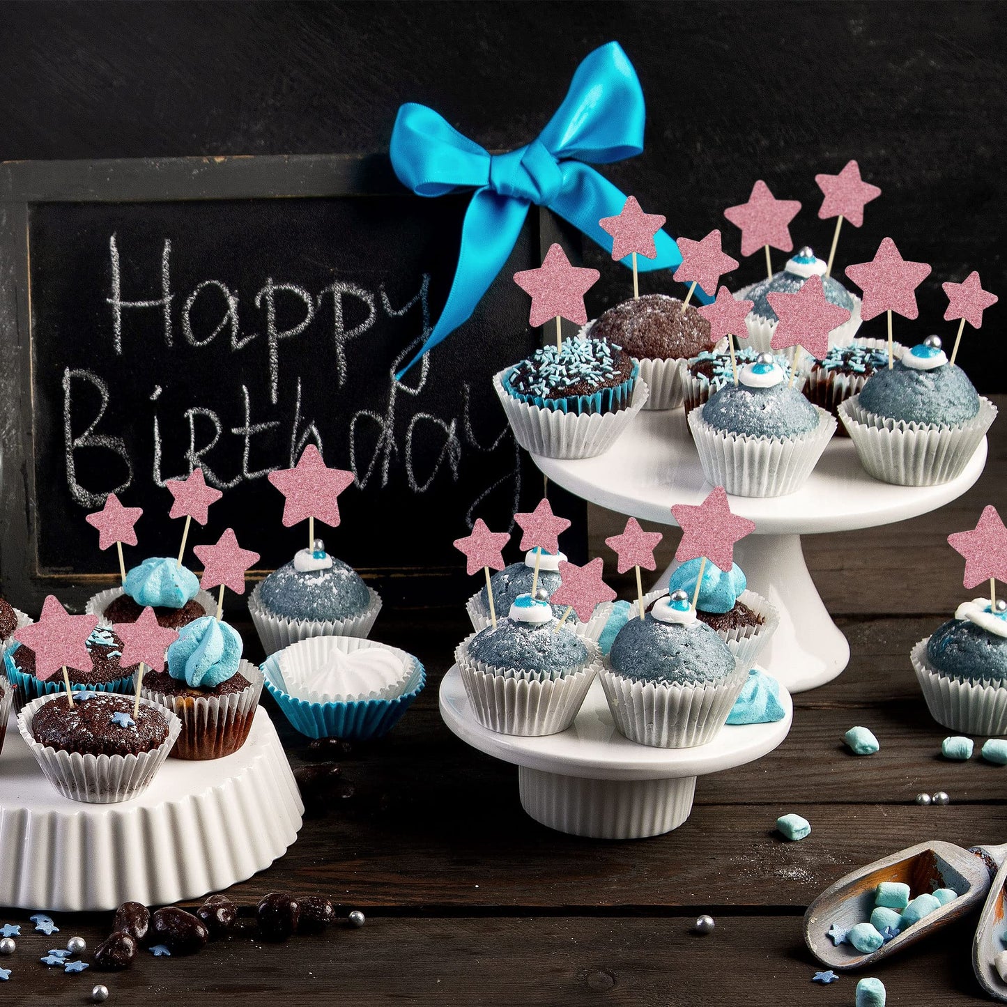 Gyufise 42Pcs Little Star Cupcake Toppers Pink Glitter Twinkle Star Cupcake Picks Wedding Engagement Bridal Shower Baby Shower B