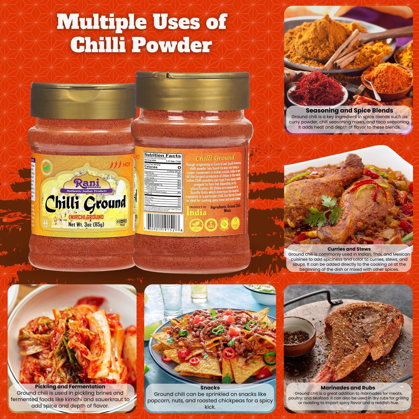 Rani Chilli Powder (Mirchi) Ground Indian Spice 3Oz (85G) Pet Jar ~ All Natural | Salt-Free | Vegan | No Colors | Gluten Friendl