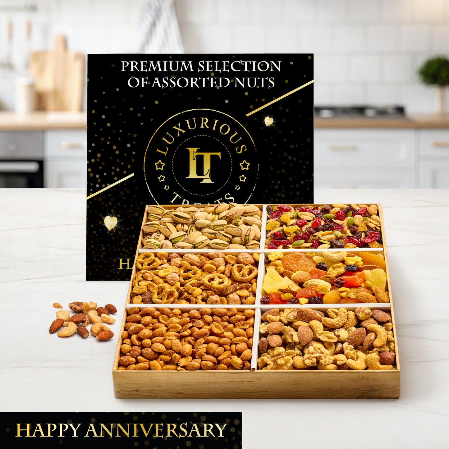 Dried Fruit And Nuts Gift Basket – Anniversary Ideas For Couples Gourmet Mixed Nuts Variety Pack, 6 Section Healthy Snack Tray, Wedding Gifts Box For Men And Women, Husband Wife Mature-Themeds