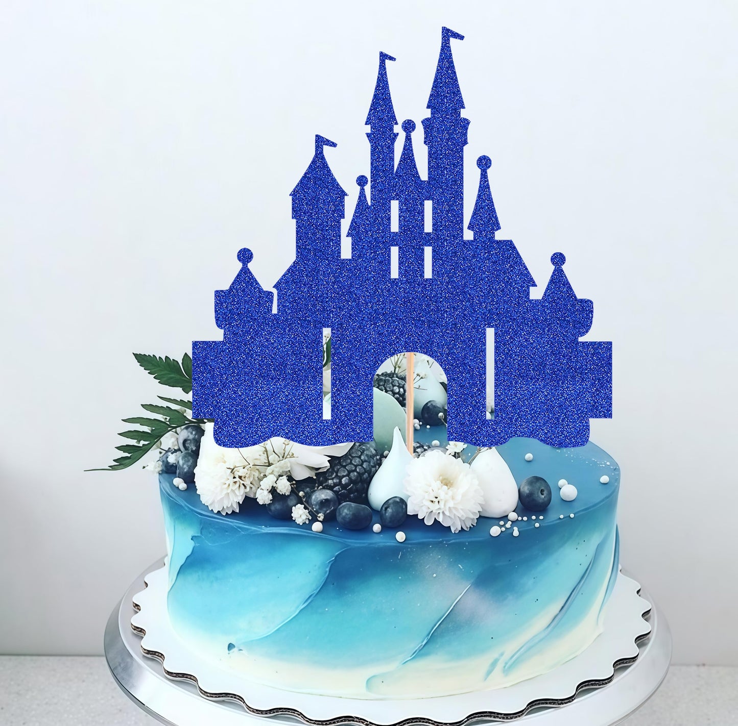 EONNCNT Castle Cake Topper - Royal Blue Glitter Cardboard Birthday Decoration Supplies