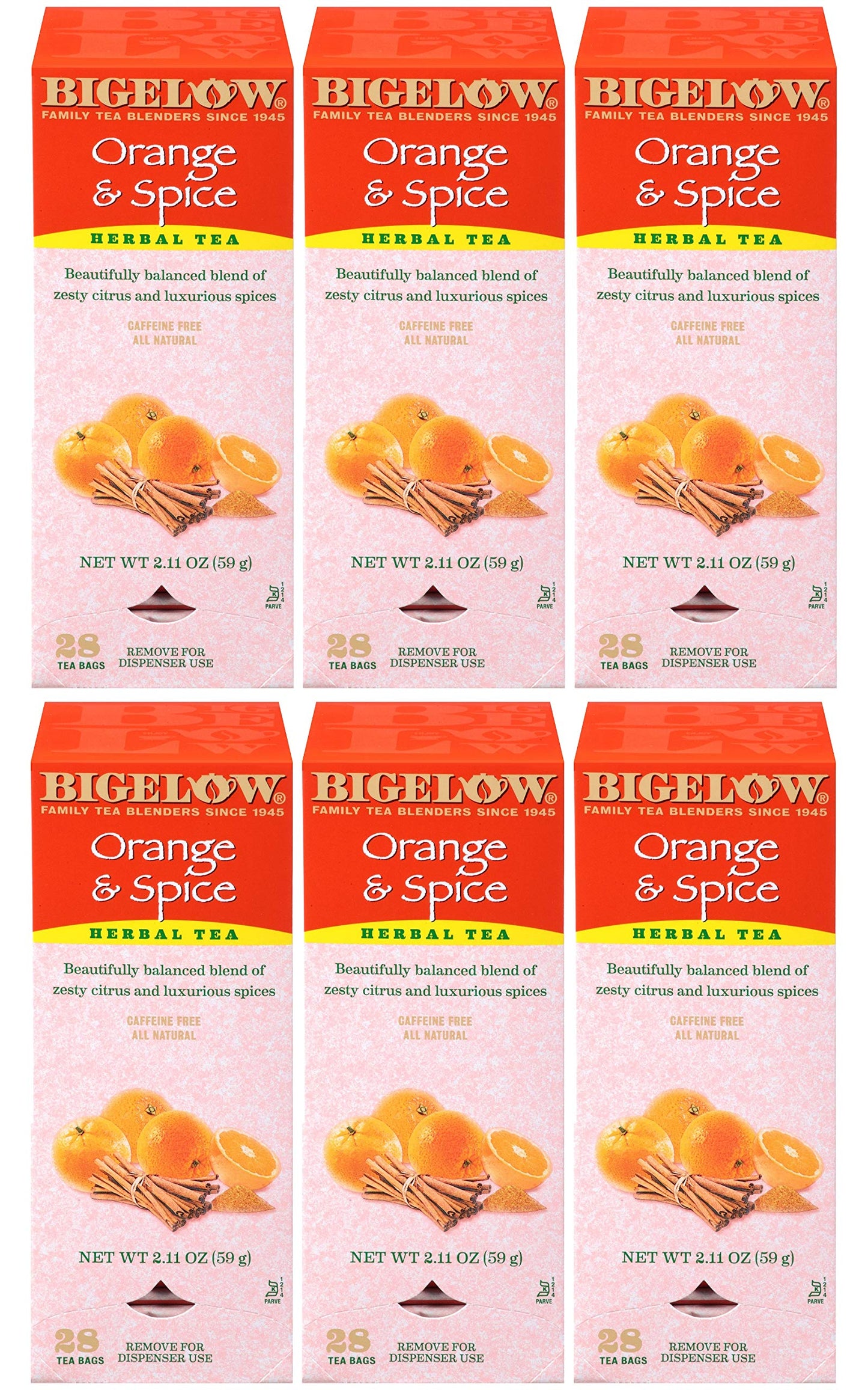 Bigelow Tea Orange & Spice Herbal Tea - 28-Count Boxes, Pack of 6, Caffeine-Free, Foil-Wrapped Bags