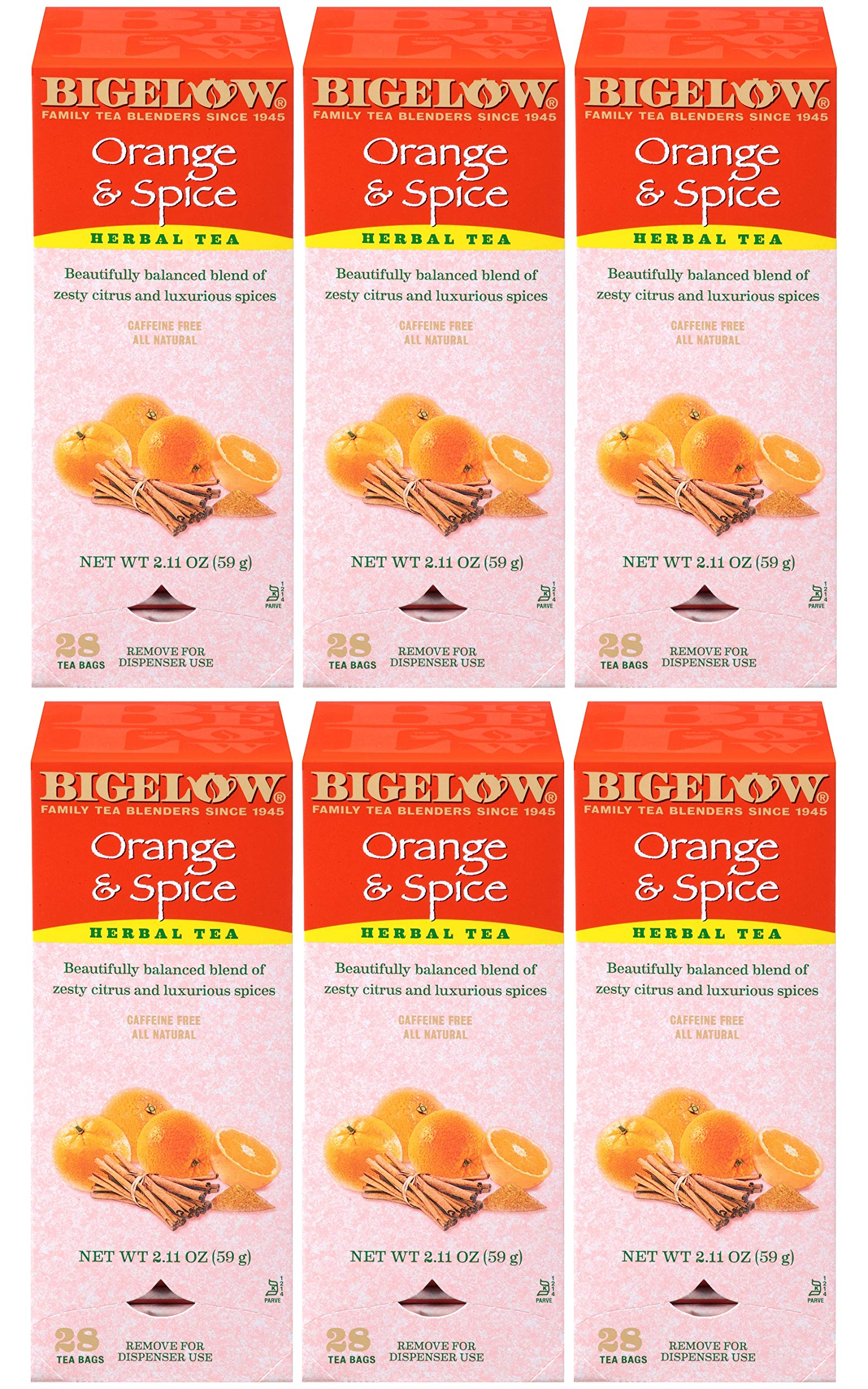 Bigelow Tea Orange & Spice Herbal Tea - 28-Count Boxes, Pack of 6, Caffeine-Free, Foil-Wrapped Bags