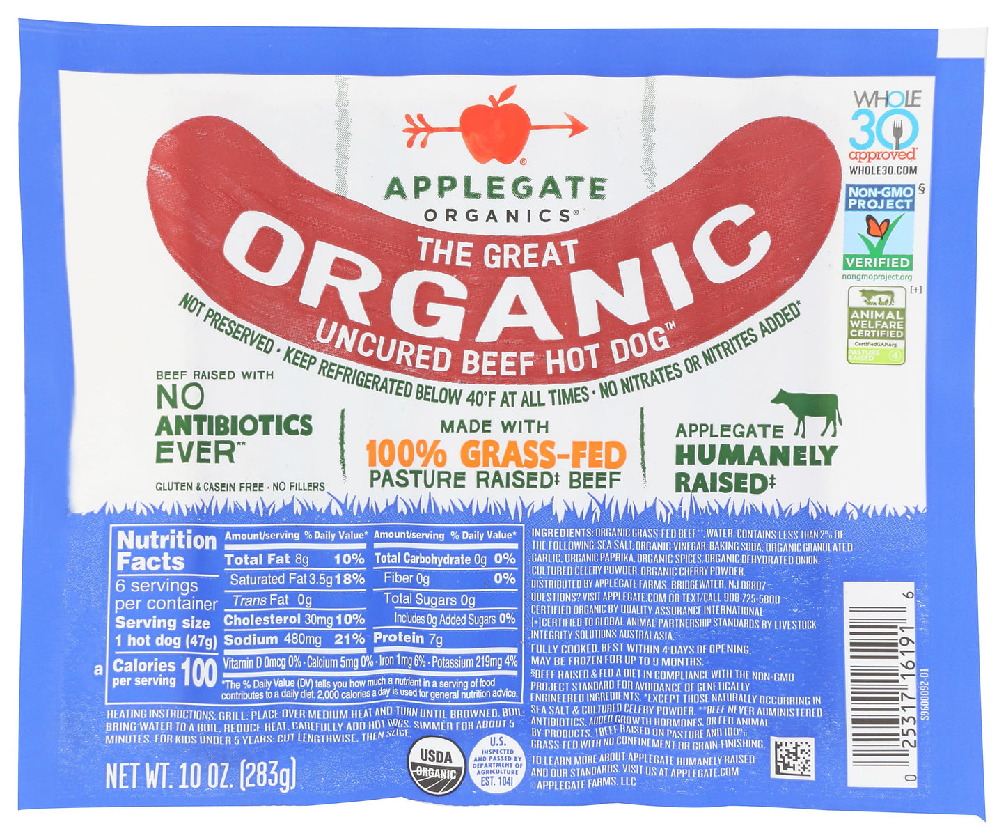 Applegate Farms Organic Uncured Beef Hot Dogs, 10 OZ