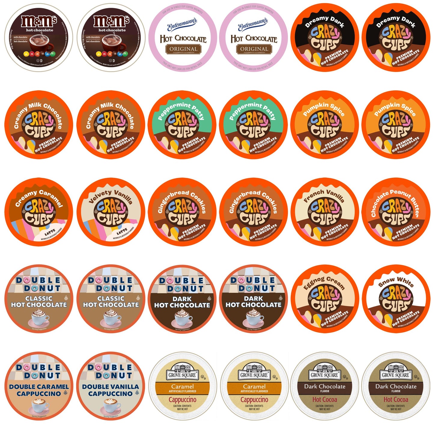 Hot Chocolate and Cappuccino Single Serve Cups  Variety Pack Sampler For Keurig K Cup malt-inspired  includes Hot Cocoa from Grove Square and Crazy Cups  30 Count
