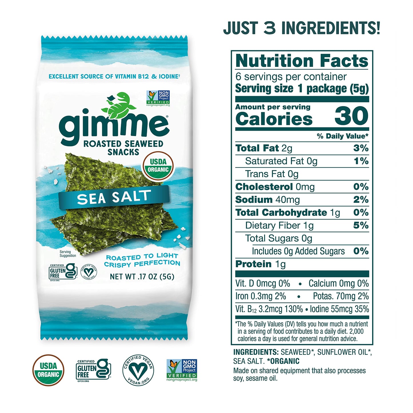 gimMe Sea  Snacks - Sea Salt Flavor - 6 Count (5g each) - Multi Color