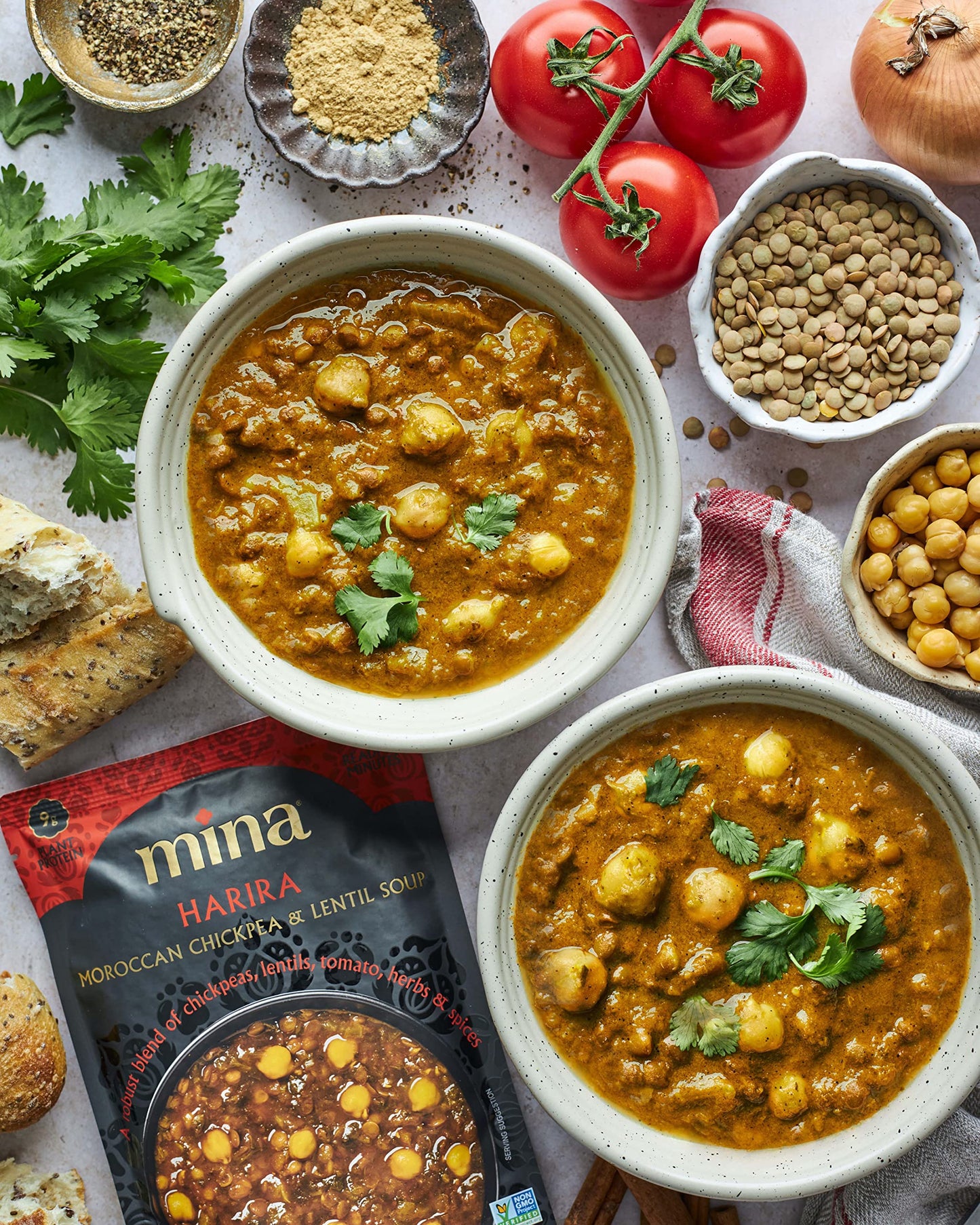 Mina Harira, Moroccan Chickpea & Lentil Soup, Ready to Eat Meals,10 oz Gluten Free Soup, High In Plant Based Protein, Microwavab