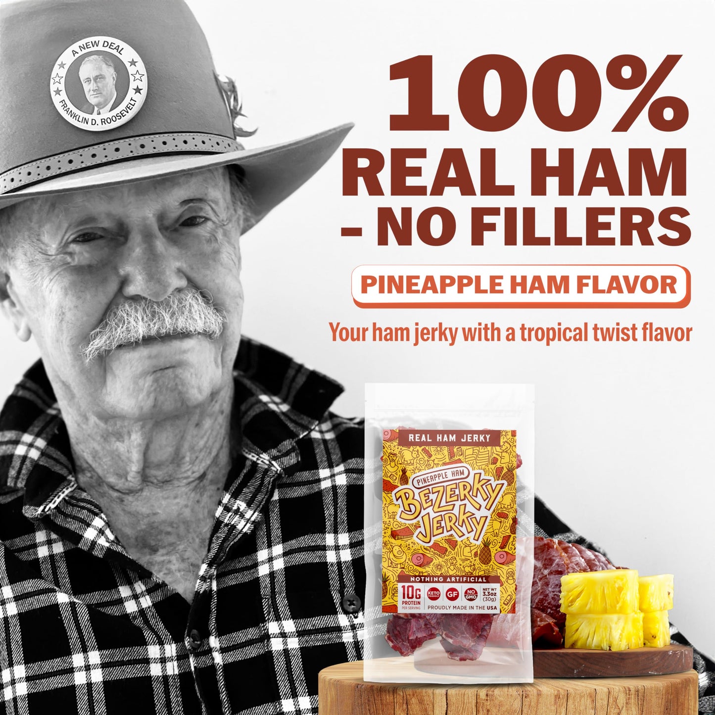Bezerky Jerky Authentic American Ham, Keto-Friendly High Protein Snack, 3.3 Oz (Pack of 6)