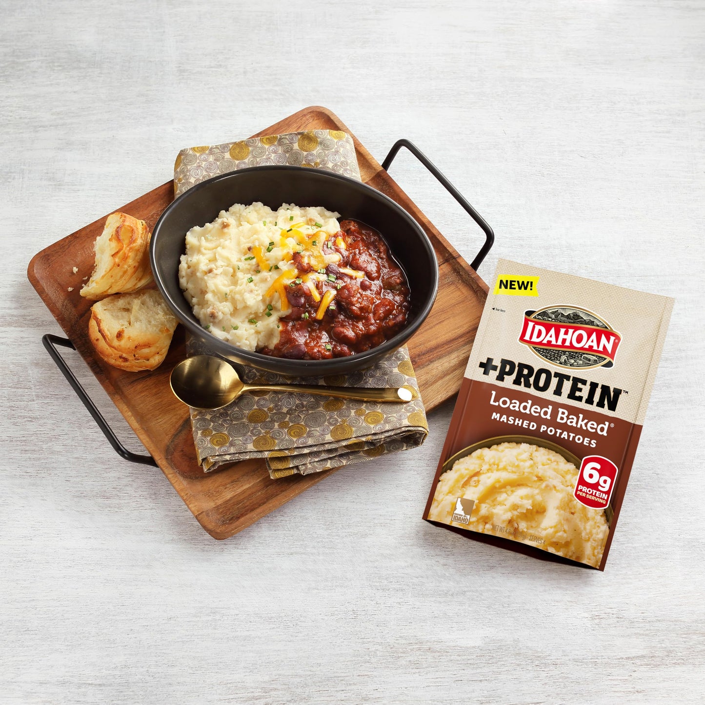 Idahoan Loaded Baked +Protein Mashed Potatoes, Naturally Gluten-Free, 100% Real Idaho Potatoes, 4 servings per bag, 4.6 ounce (P