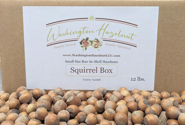 Raw, small size in-shell Hazelnuts grown in our family s orchard. 12 pound squirrel box.
